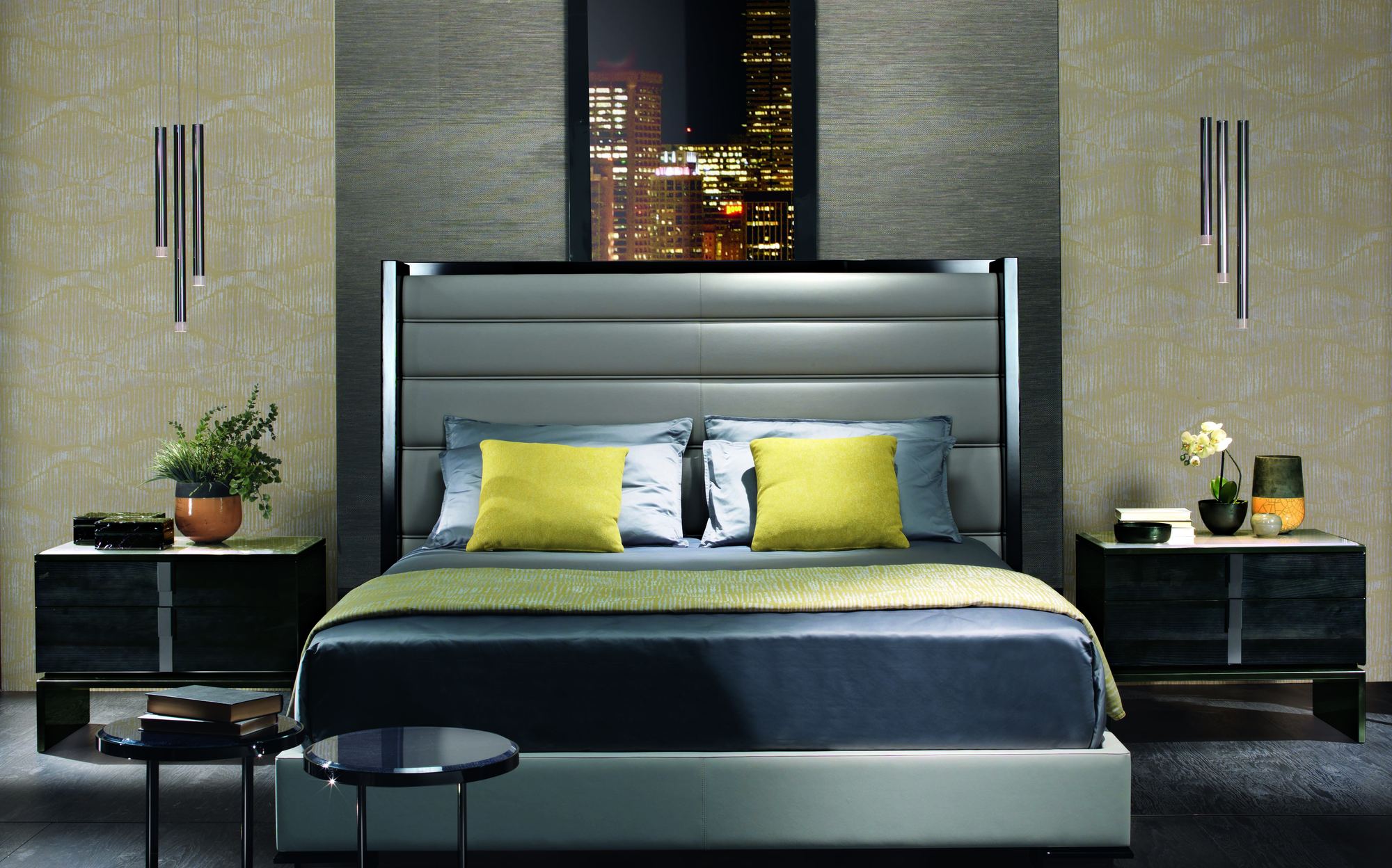 Malerba Black and More New in Town bedroom with upholstered bed and nightstands Malerba Black and More New in Town bedroom with upholstered bed and nightstands – contemporary Italian luxury furniture