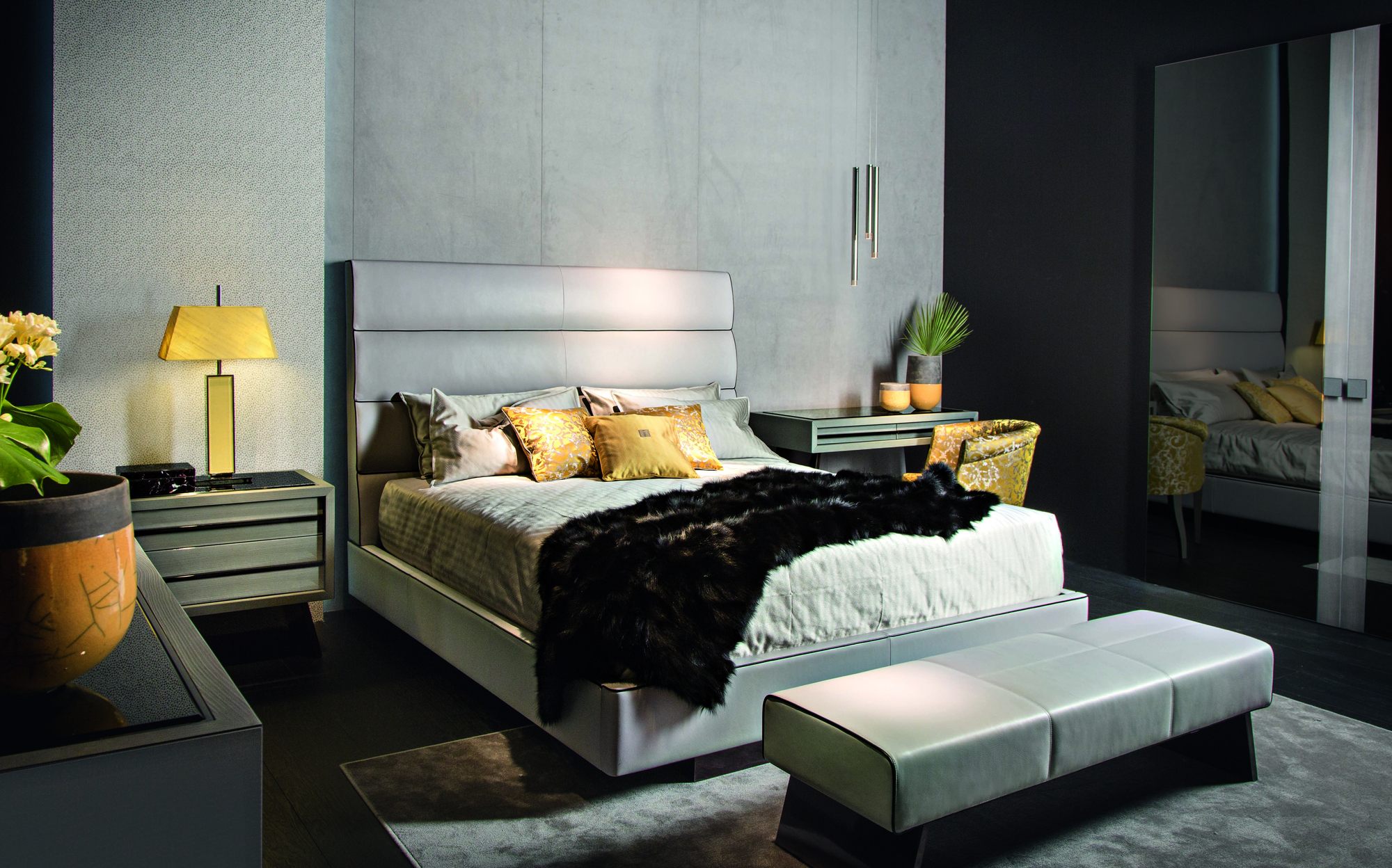 Malerba Black and More New in Town bedroom with bed and bench Malerba Black and More New in Town bedroom with bed and bench – contemporary Italian luxury furniture