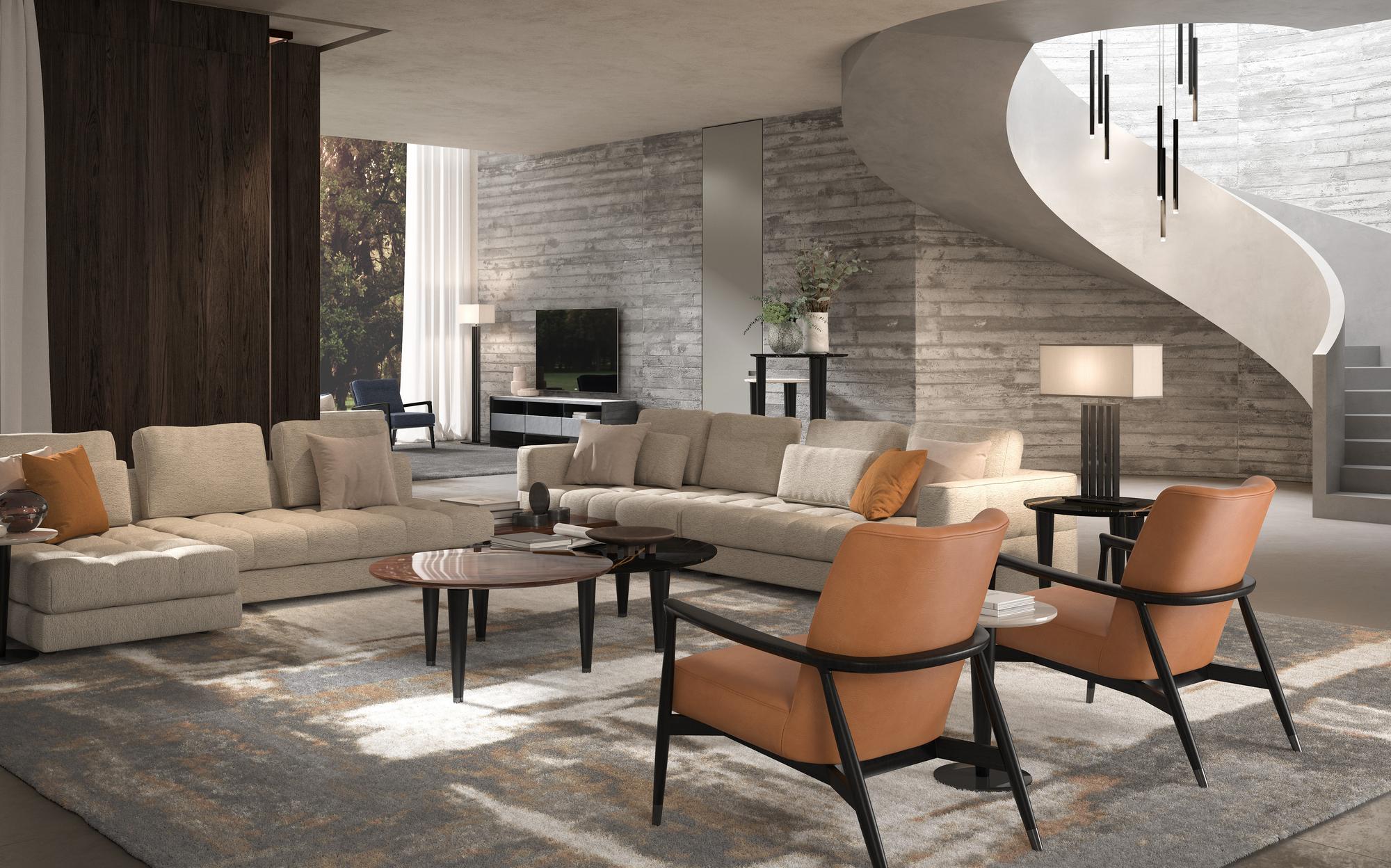 Malerba Next Level living room with sofas and leather armchairs Malerba Next Level living room with sofas and leather armchairs – contemporary Italian luxury furniture