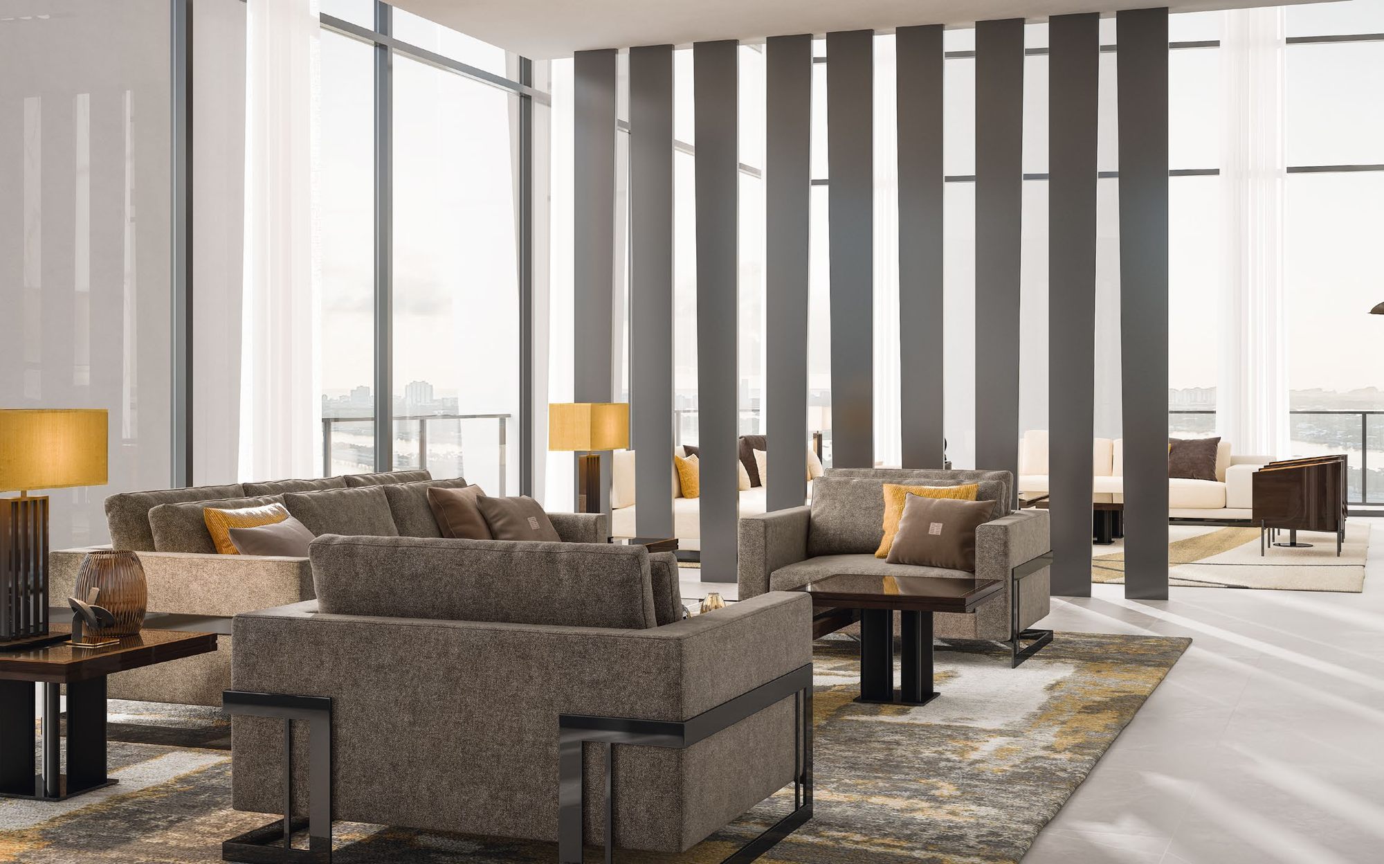 Malerba Perfect Time living room with sofas and armchairs by panoramic windows Malerba Perfect Time living room with sofas and armchairs by panoramic windows – contemporary Italian luxury furniture