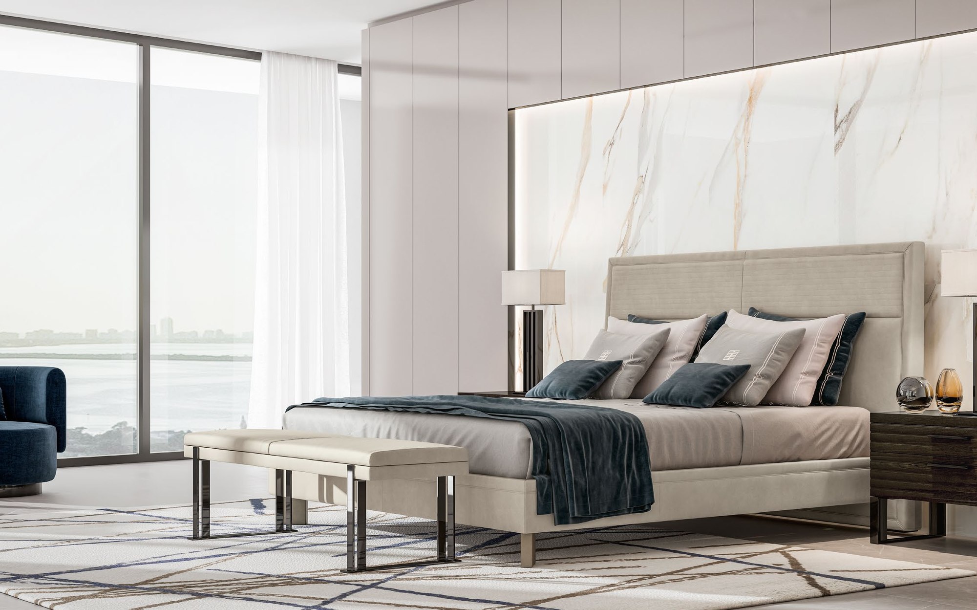 Malerba Perfect Time bedroom with upholstered bed and bench Malerba Perfect Time bedroom with upholstered bed and bench – contemporary Italian luxury furniture