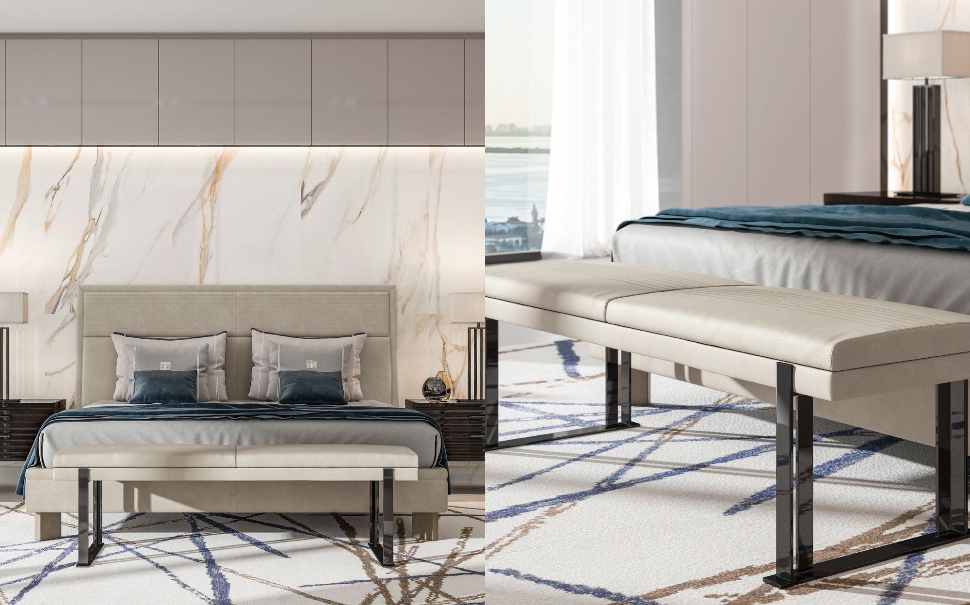 Malerba Perfect Time bedroom with bed, bench and nightstands Malerba Perfect Time bedroom with bed, bench and nightstands – contemporary Italian luxury furniture