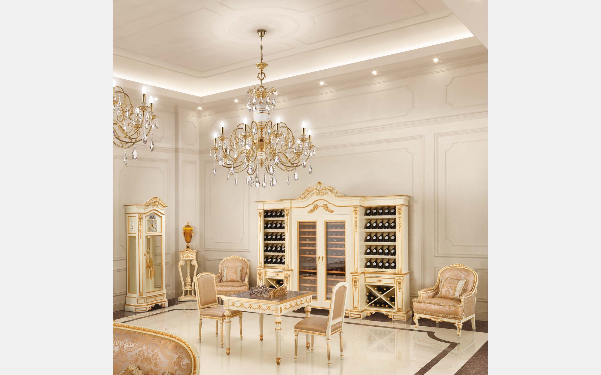 Modenese Heritage їдальня з винною шафою, вітриною і кришталевою люстрою Modenese Heritage їдальня з винною шафою, вітриною і кришталевою люстрою – класичні італійські меблі люкс