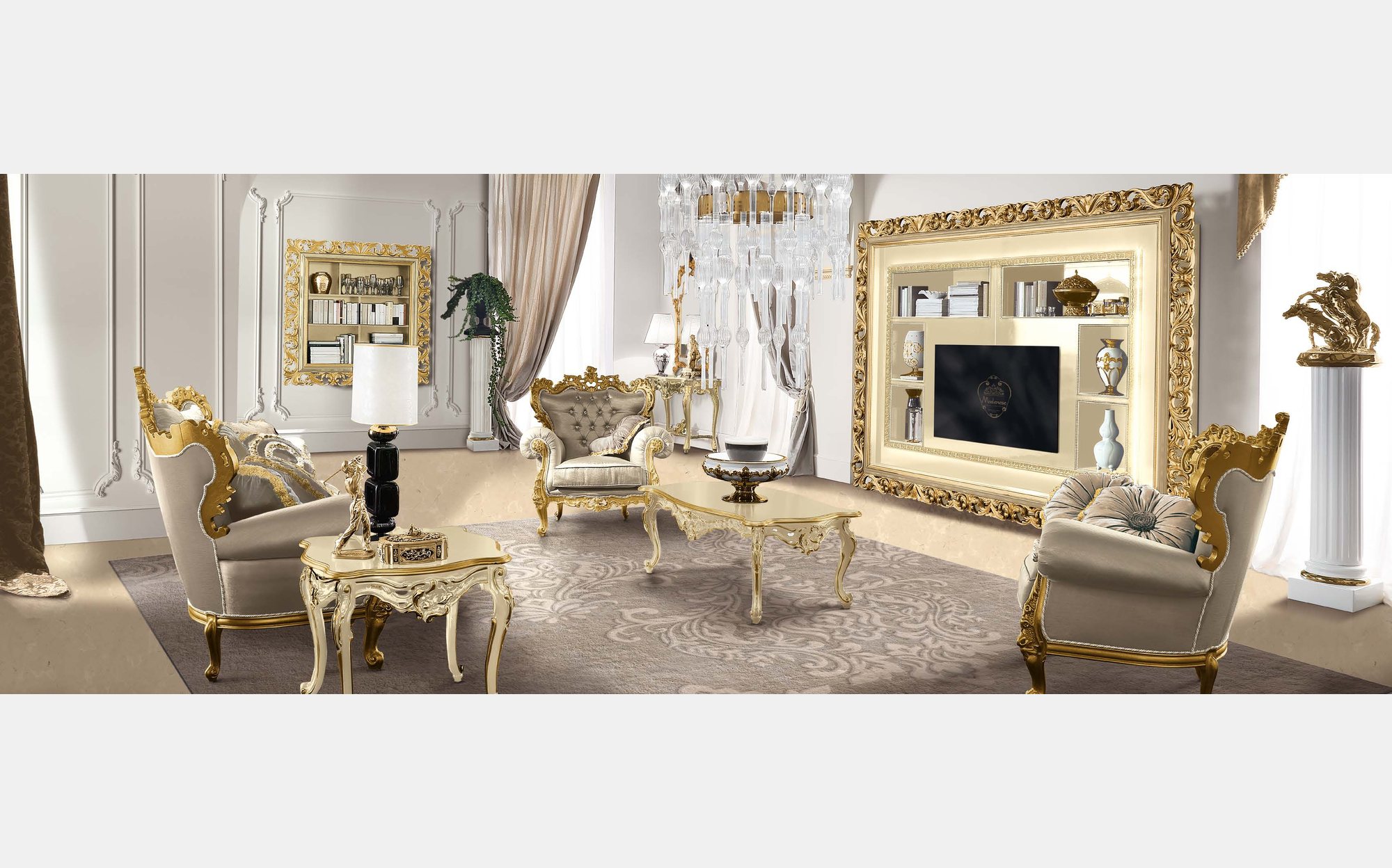 Modenese Heritage вітальня з різьбленою позолоченою ТВ-стінкою і кріслами Modenese Heritage вітальня з різьбленою позолоченою ТВ-стінкою і кріслами – класичні італійські меблі люкс