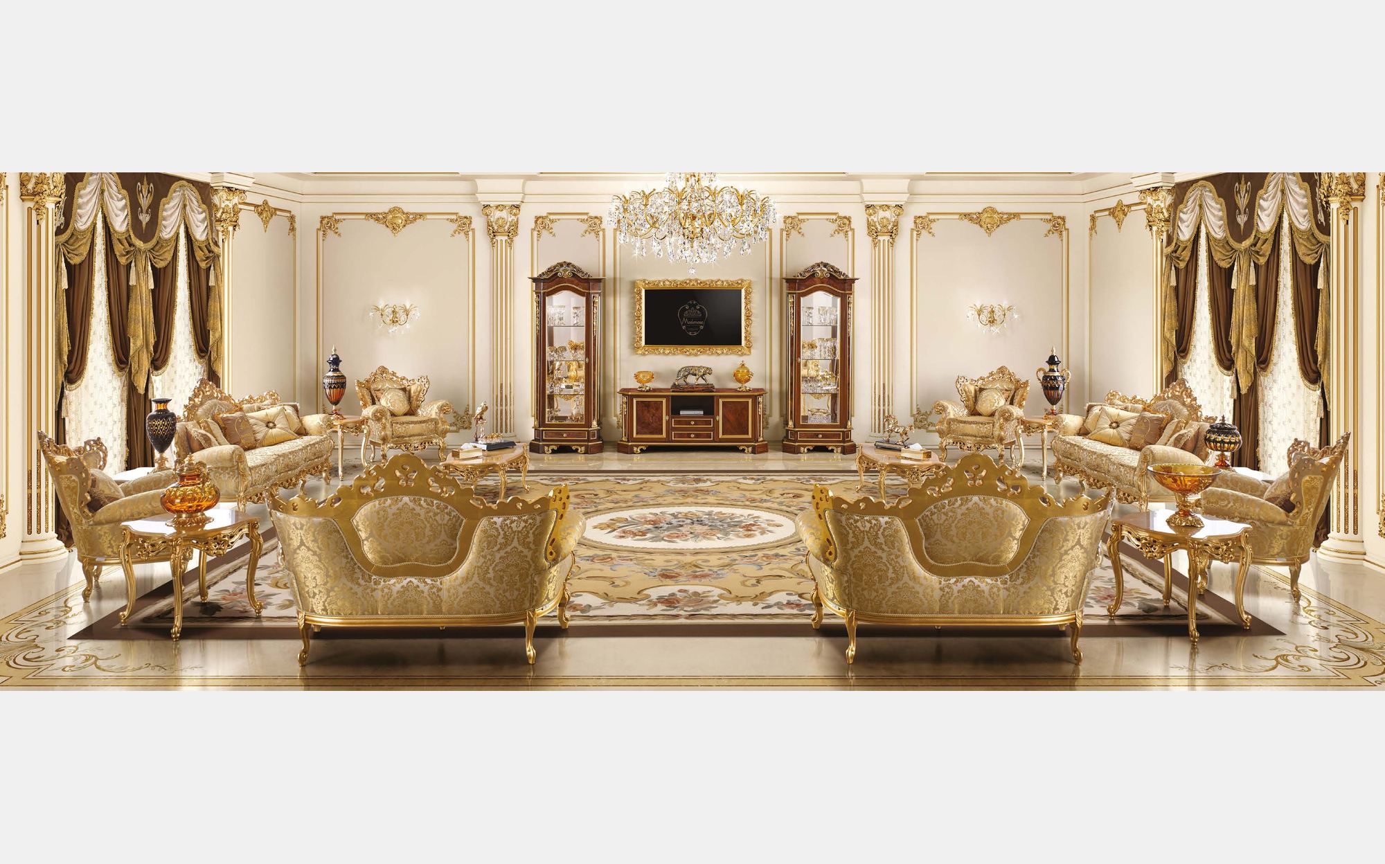 Modenese Heritage вітальня з позолоченими диванами, шафою під ТВ і вітринами Modenese Heritage вітальня з позолоченими диванами, шафою під ТВ і вітринами – класичні італійські меблі люкс