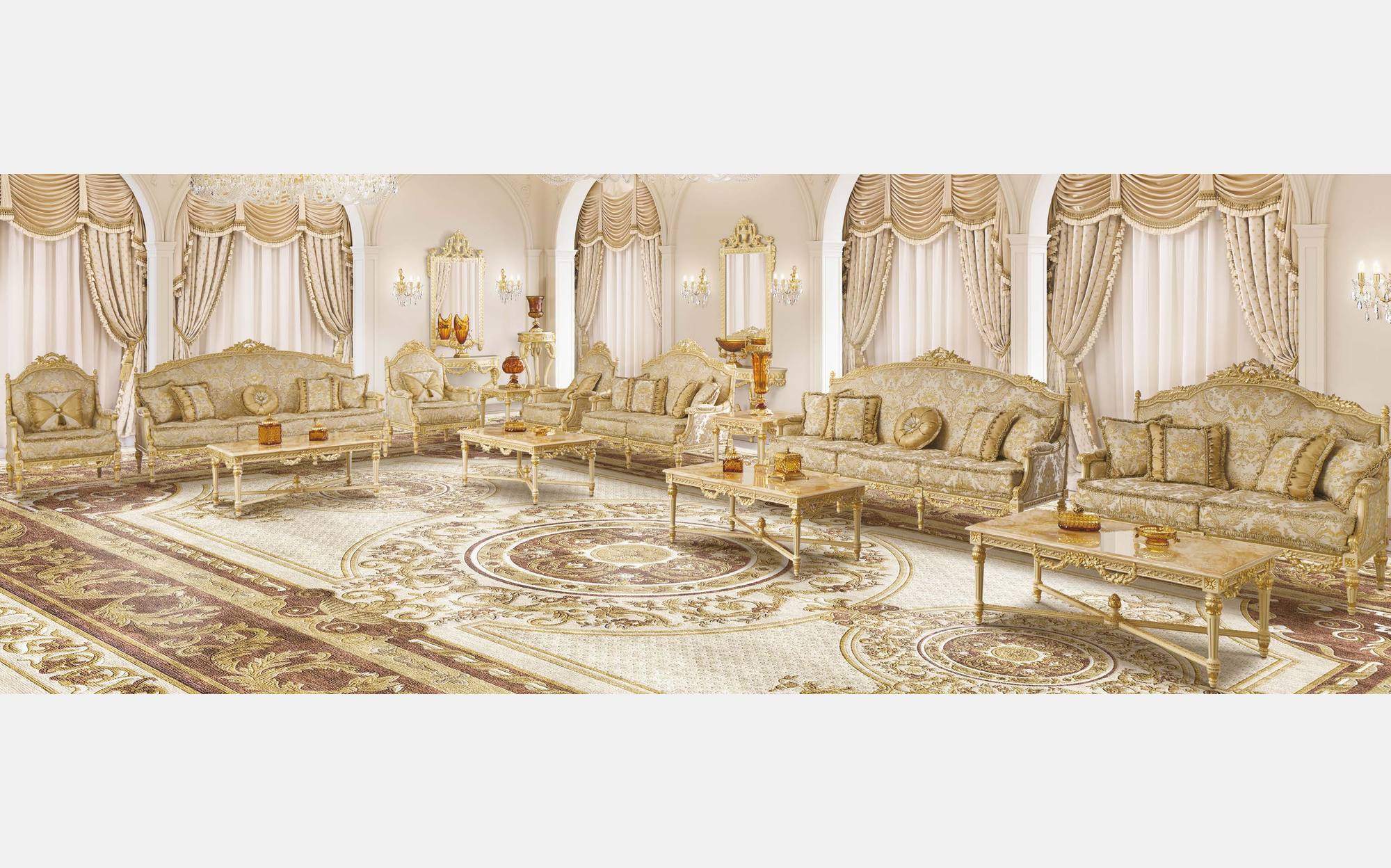 Modenese Timeless гостиная с позолоченными диванами цвета слоновой кости и резными журнальными столиками Modenese Timeless гостиная с позолоченными диванами цвета слоновой кости и резными журнальными столиками – классическая итальянская мебель люкс