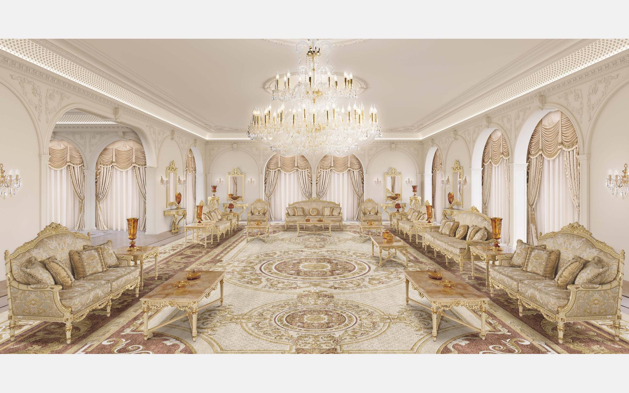 Modenese Timeless большой парадный зал с диванами цвета слоновой кости с золотом и хрустальной люстрой Modenese Timeless большой парадный зал с диванами цвета слоновой кости с золотом и хрустальной люстрой – классическая итальянская мебель люкс