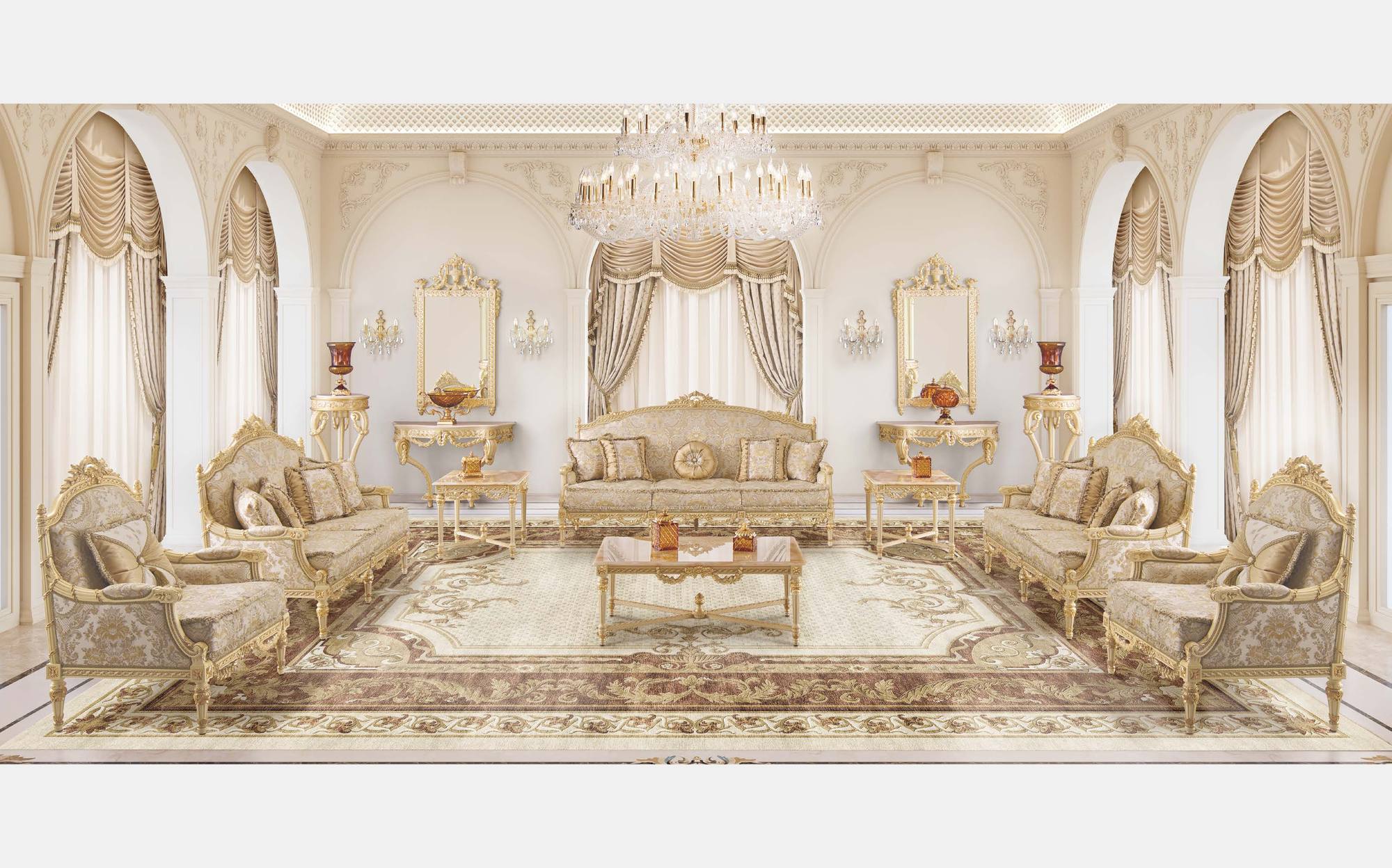 Modenese Timeless гостиная с диванами цвета слоновой кости, креслами и арочными окнами Modenese Timeless гостиная с диванами цвета слоновой кости, креслами и арочными окнами – классическая итальянская мебель люкс
