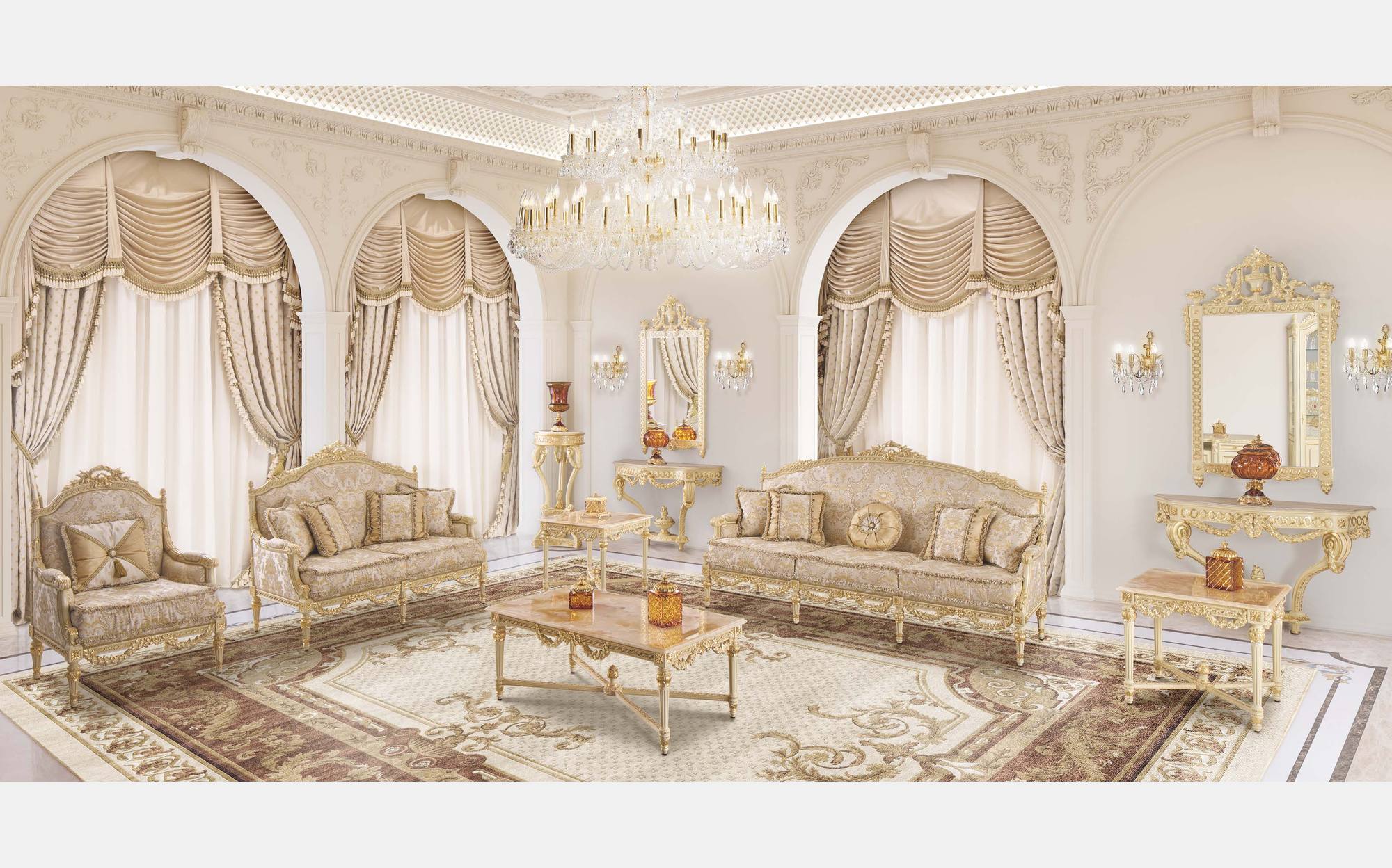 Modenese Timeless гостиная с диваном цвета слоновой кости, креслами и консолью с зеркалом Modenese Timeless гостиная с диваном цвета слоновой кости, креслами и консолью с зеркалом – классическая итальянская мебель люкс