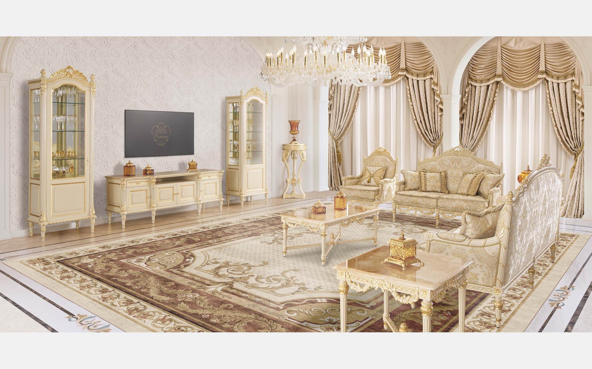Modenese Timeless гостиная с диваном цвета слоновой кости, шкафом под ТВ и витринами Modenese Timeless гостиная с диваном цвета слоновой кости, шкафом под ТВ и витринами – классическая итальянская мебель люкс