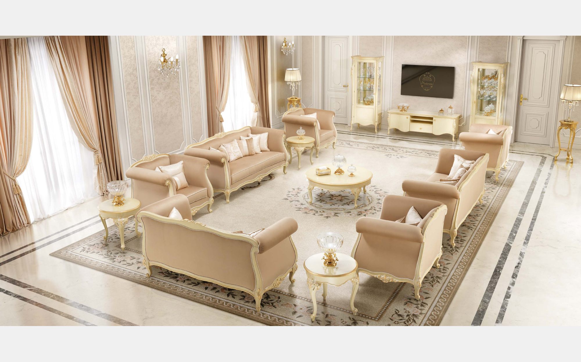 Modenese Timeless гостиная с персиковыми диванами, круглыми журнальными столиками и шкафом под ТВ Modenese Timeless гостиная с персиковыми диванами, круглыми журнальными столиками и шкафом под ТВ – классическая итальянская мебель люкс