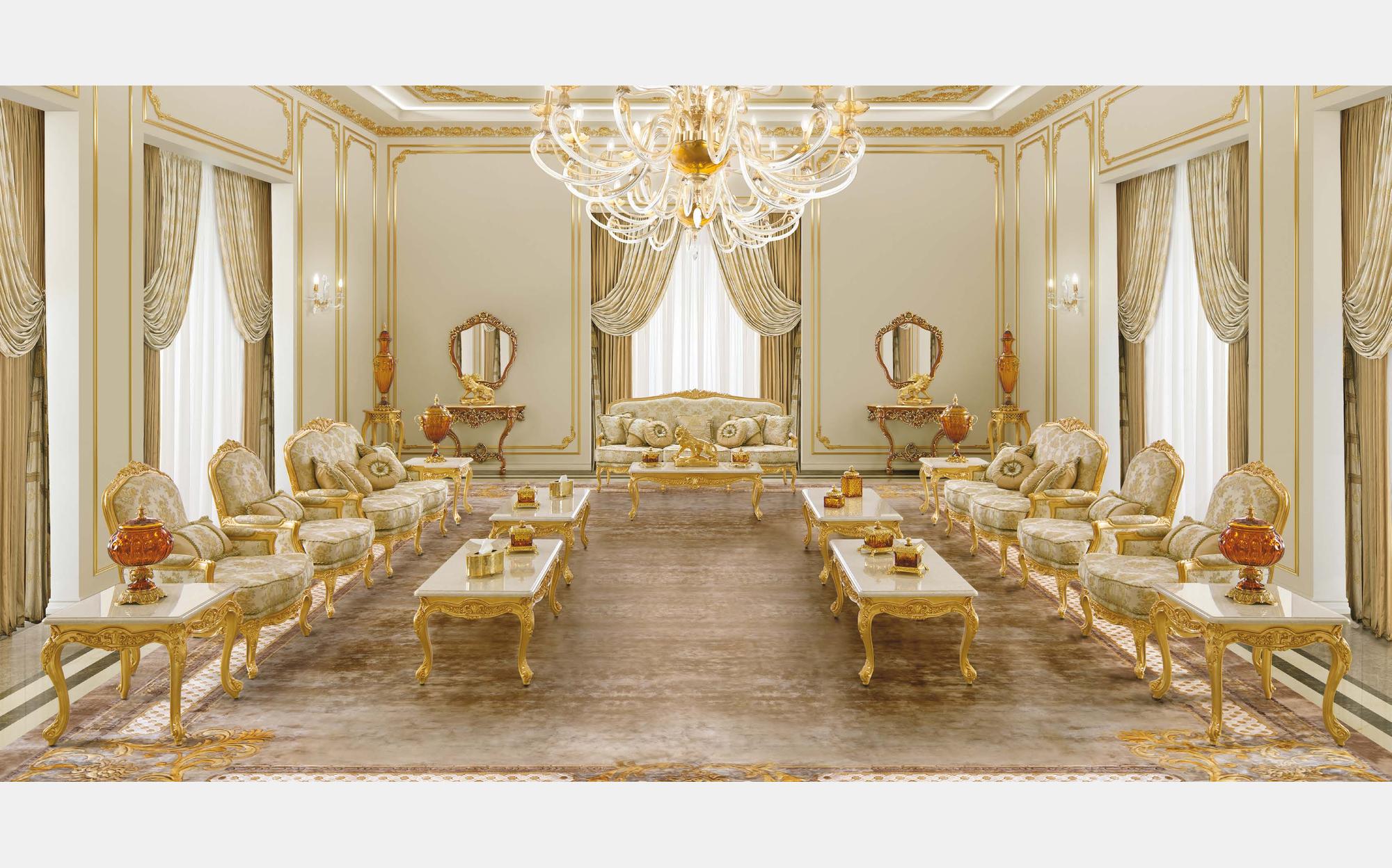 Modenese Timeless парадный зал с диванами с сусальным золотом и журнальными столиками Modenese Timeless парадный зал с диванами с сусальным золотом и журнальными столиками – классическая итальянская мебель люкс