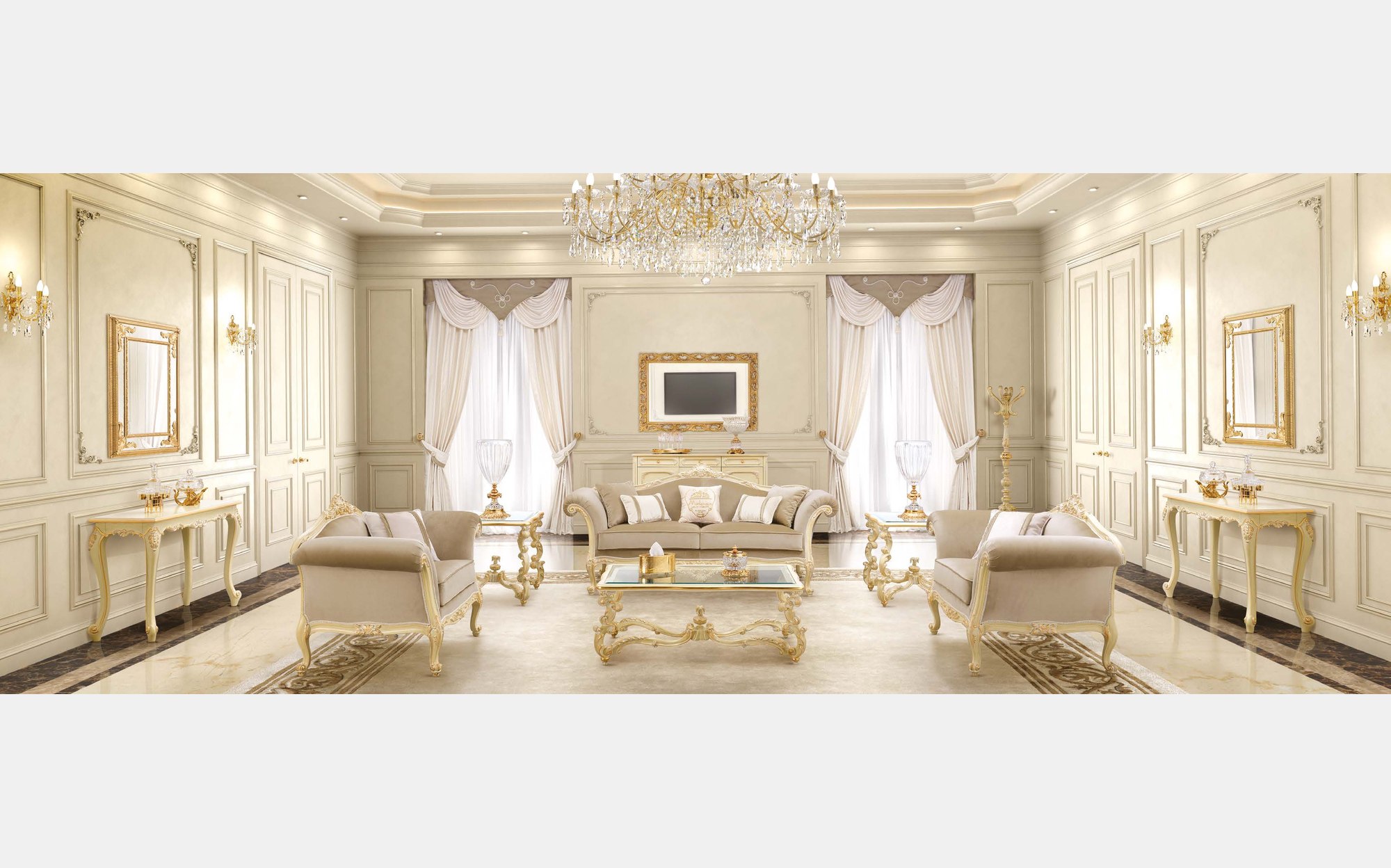 Modenese Timeless гостиная с диванами цвета слоновой кости и консолями с зеркалами Modenese Timeless гостиная с диванами цвета слоновой кости и консолями с зеркалами – классическая итальянская мебель люкс