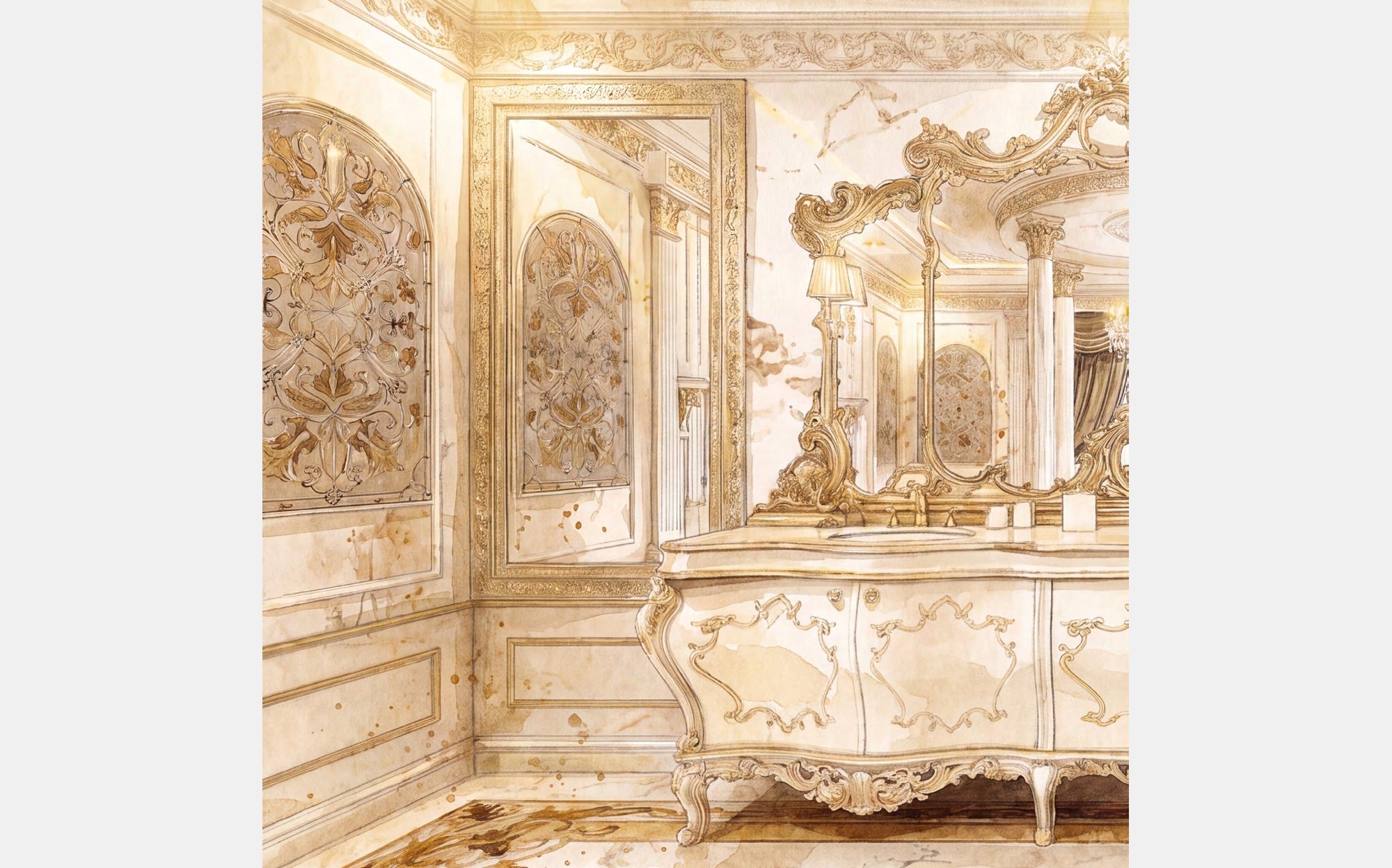Modenese Vanity and Bathrooms ванная с резной двойной тумбой цвета слоновой кости и зеркалом с сусальным золотом &ndash; классическая итальянская мебель люкс для ванной