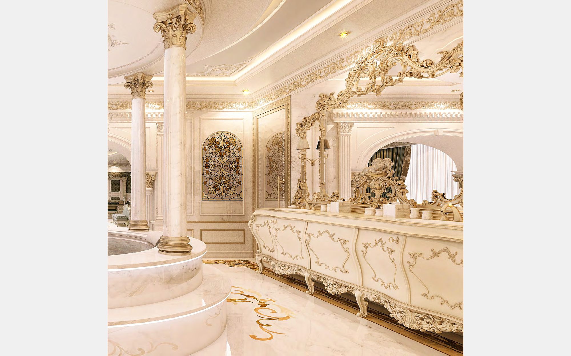 Modenese Vanity and Bathrooms ванная с резной тумбой цвета слоновой кости, колоннами и круглой ванной &ndash; классическая итальянская мебель люкс для ванной