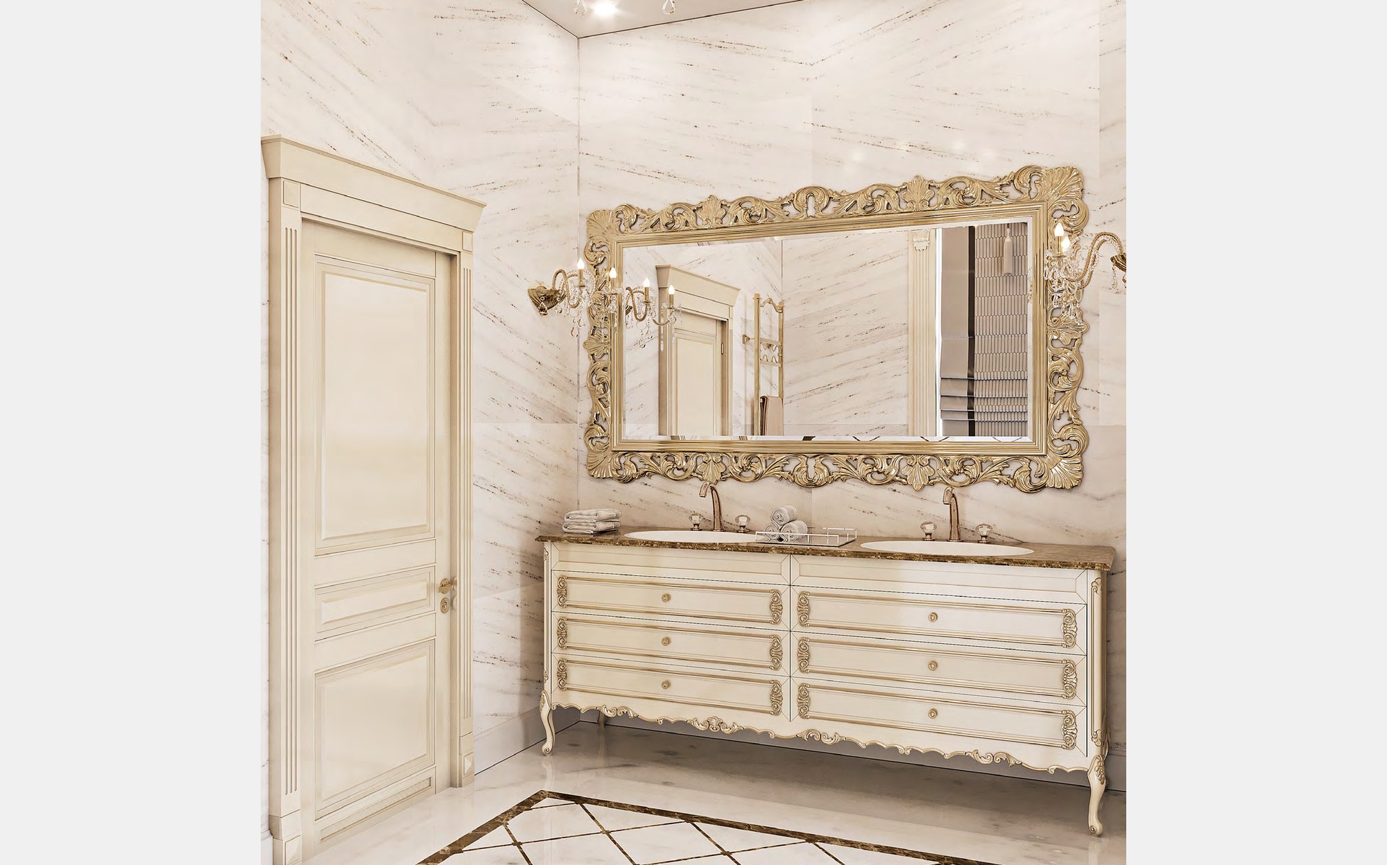 Modenese Vanity and Bathrooms ванная с двойной тумбой цвета слоновой кости и резным позолоченным зеркалом &ndash; классическая итальянская мебель люкс для ванной