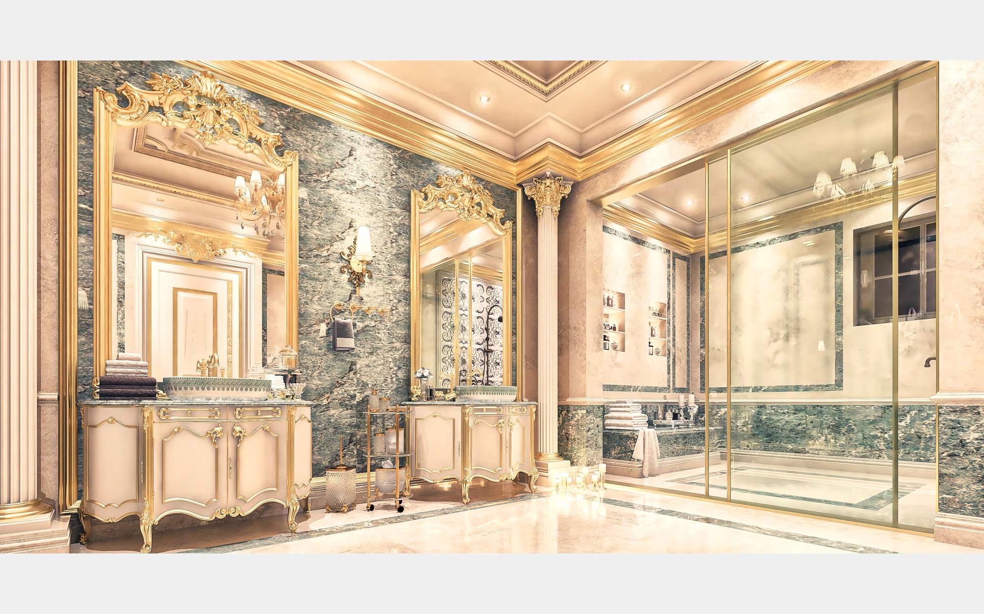 Modenese Vanity and Bathrooms ванная с тумбами цвета слоновой кости, зелёным мрамором и стеклянной душевой &ndash; классическая итальянская мебель люкс для ванной