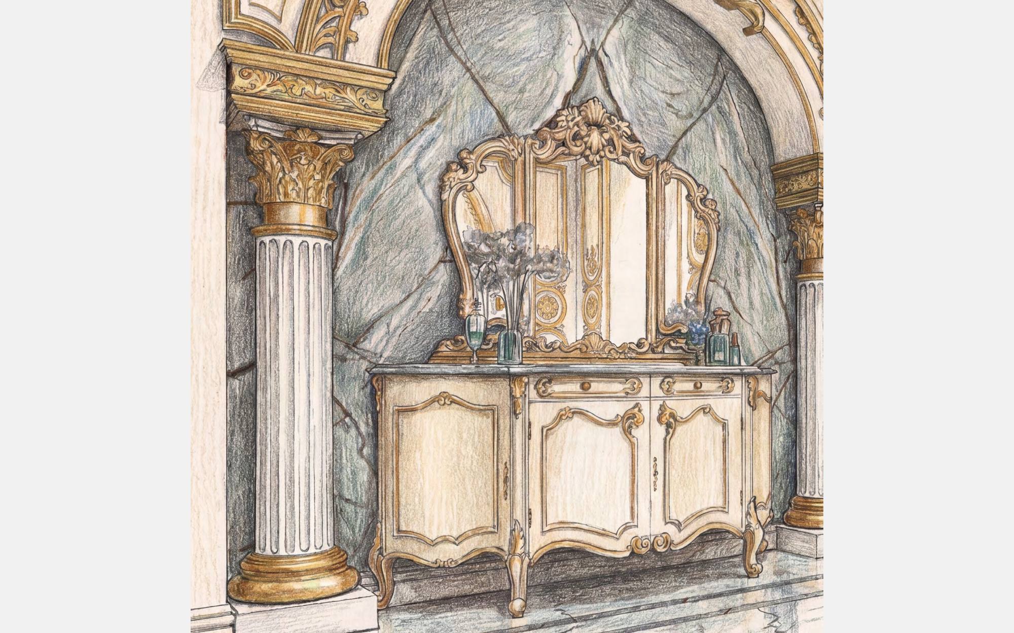 Modenese Vanity and Bathrooms ванная с резной тумбой цвета слоновой кости, колоннами и позолоченным зеркалом &ndash; классическая итальянская мебель люкс для ванной