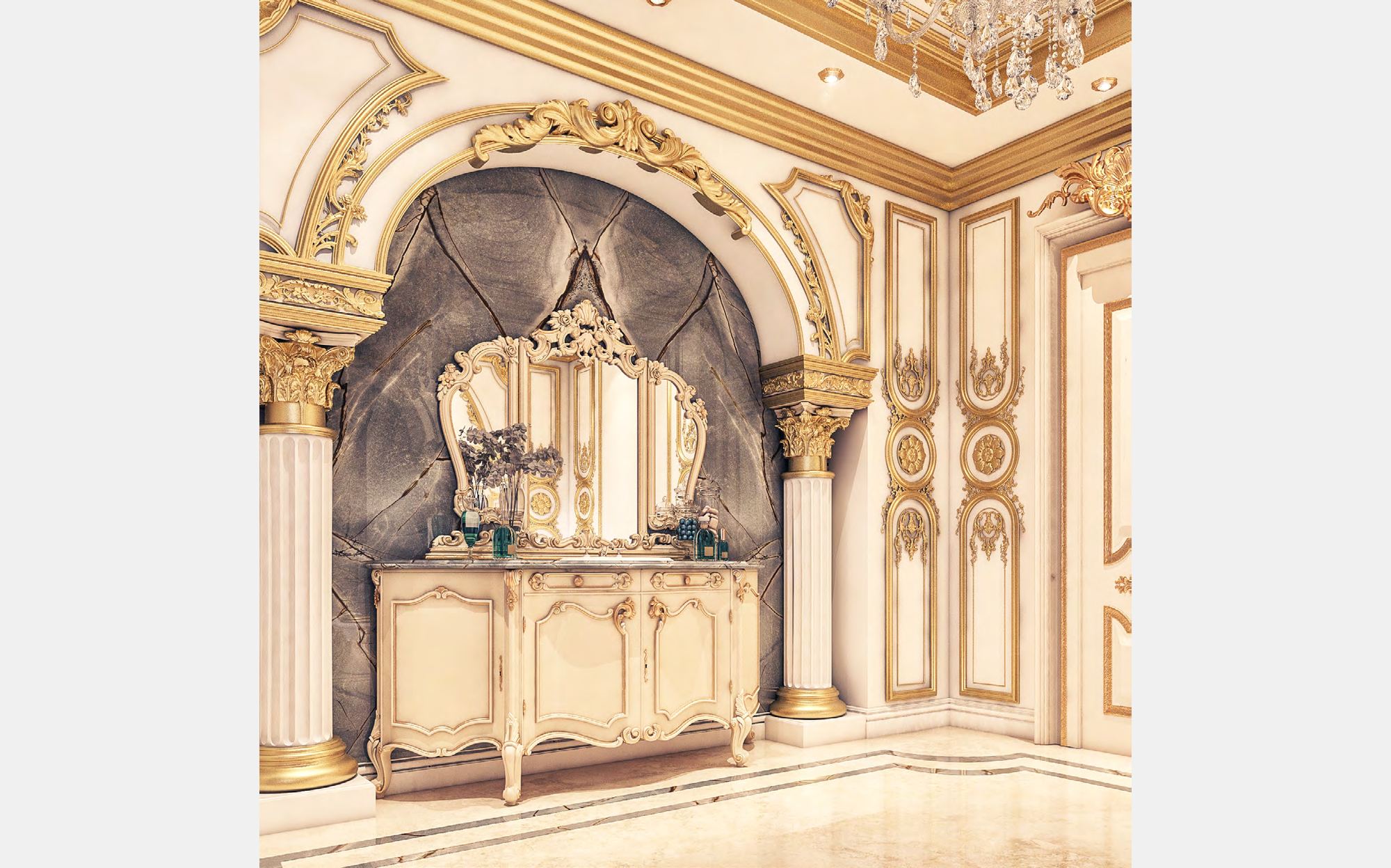 Modenese Vanity and Bathrooms ванная с тумбой цвета слоновой кости, позолоченным зеркалом и аркой из серого мрамора &ndash; классическая итальянская мебель люкс для ванной