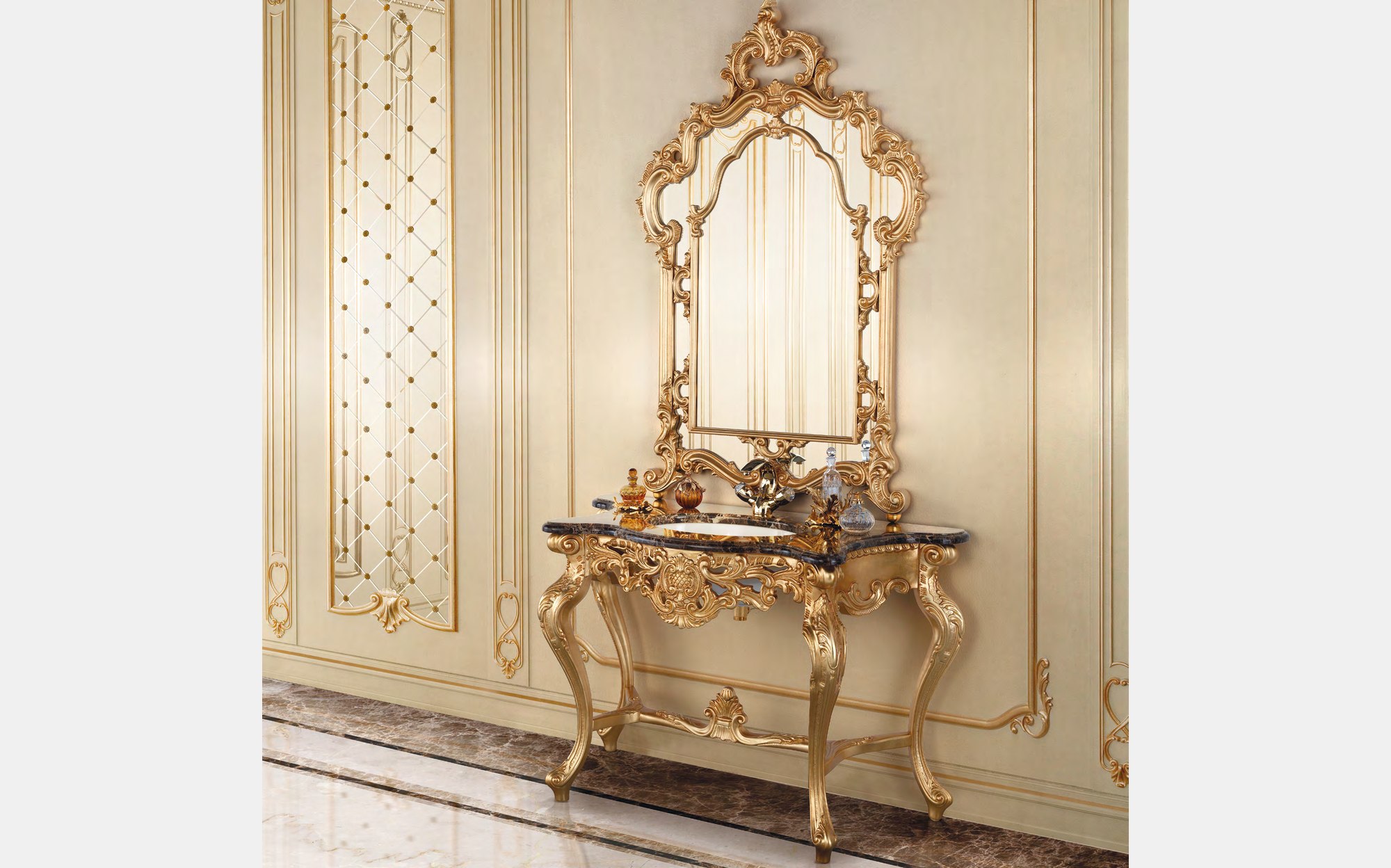 Modenese Vanity and Bathrooms ванная с консолью под раковину с сусальным золотом и резным зеркалом &ndash; классическая итальянская мебель люкс для ванной