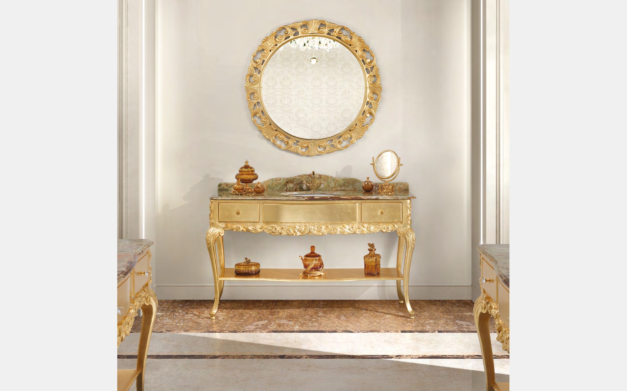 Modenese Vanity and Bathrooms ванная с консолью под раковину с сусальным золотом и круглым зеркалом &ndash; классическая итальянская мебель люкс для ванной