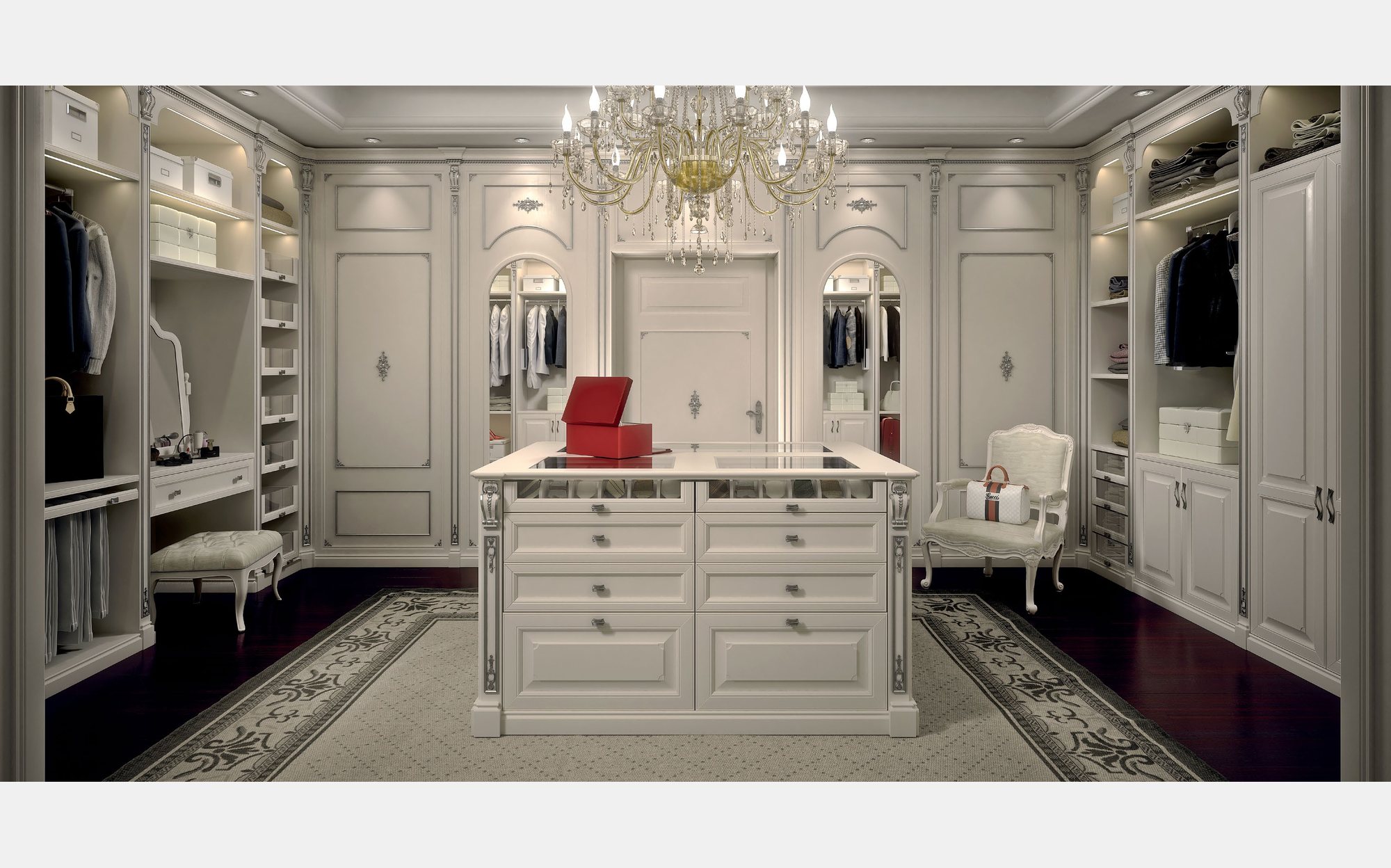 Modenese Walk-in Closets гардеробна з шафами кольору слонової кістки і центральним островом &ndash; класичні італійські гардеробні люкс