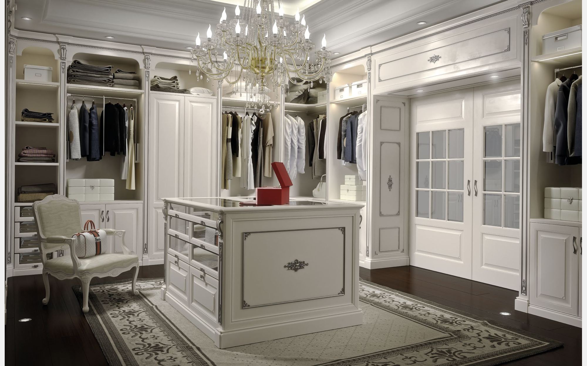 Modenese Walk-in Closets гардеробна з шафами кольору слонової кістки, островом і кріслом &ndash; класичні італійські гардеробні люкс