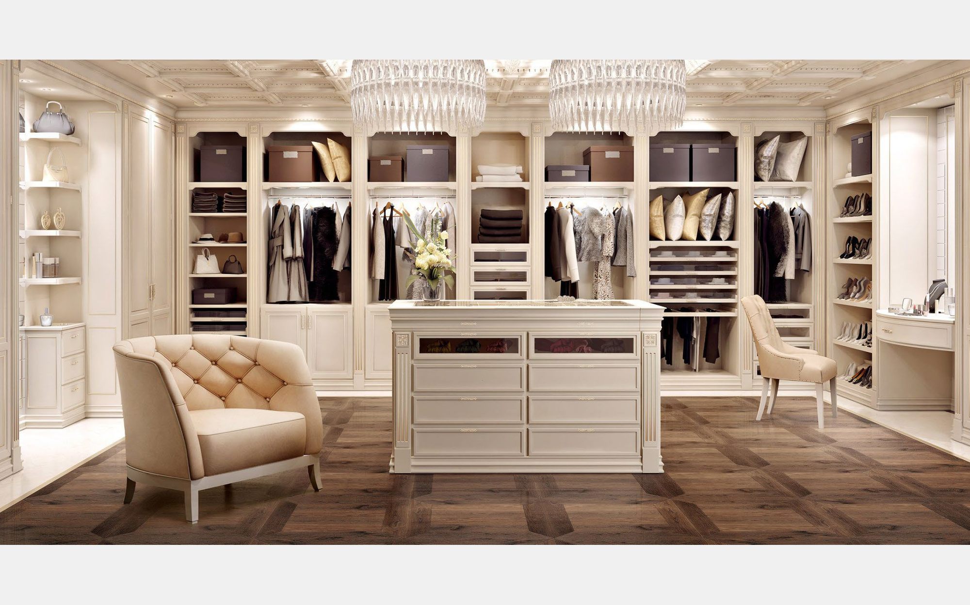 Modenese Walk-in Closets гардеробна з відкритими кремовими шафами, островом і кріслом капітоне &ndash; класичні італійські гардеробні люкс