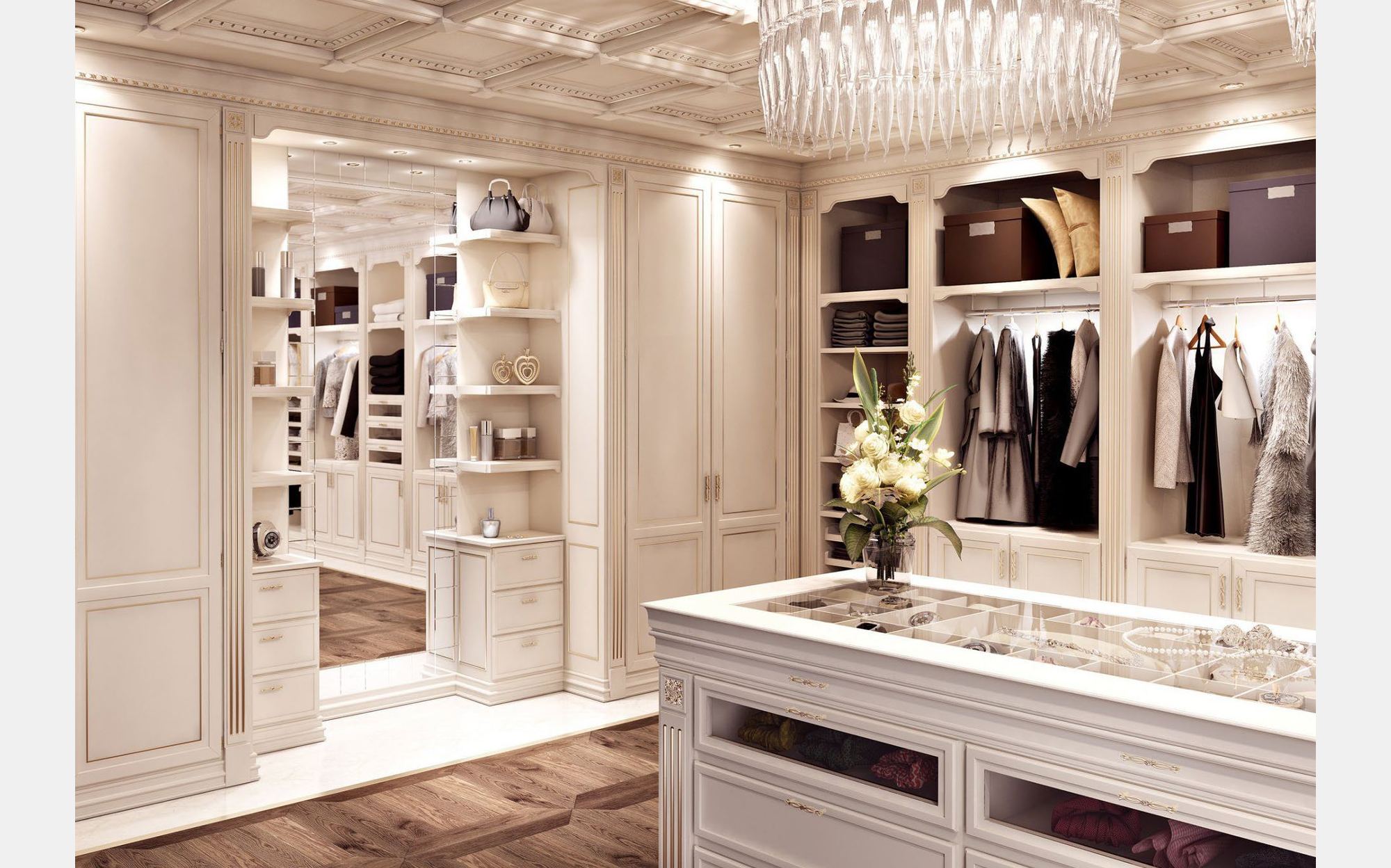Modenese Walk-in Closets гардеробна з шафами кольору слонової кістки й островом зі скляною стільницею &ndash; класичні італійські гардеробні люкс