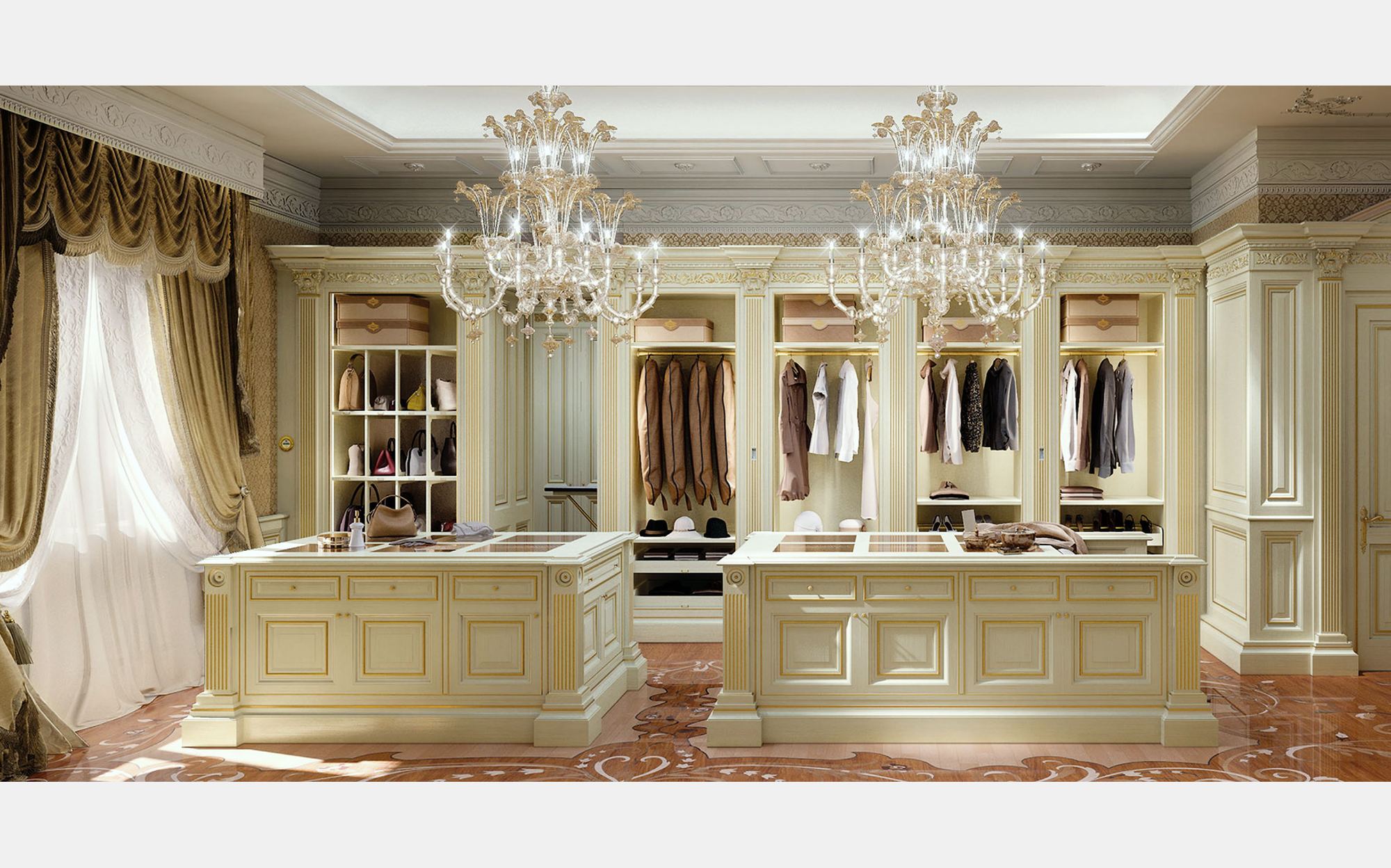 Modenese Walk-in Closets гардеробна з шафами кольору слонової кістки, двома островами і люстрами &ndash; класичні італійські гардеробні люкс