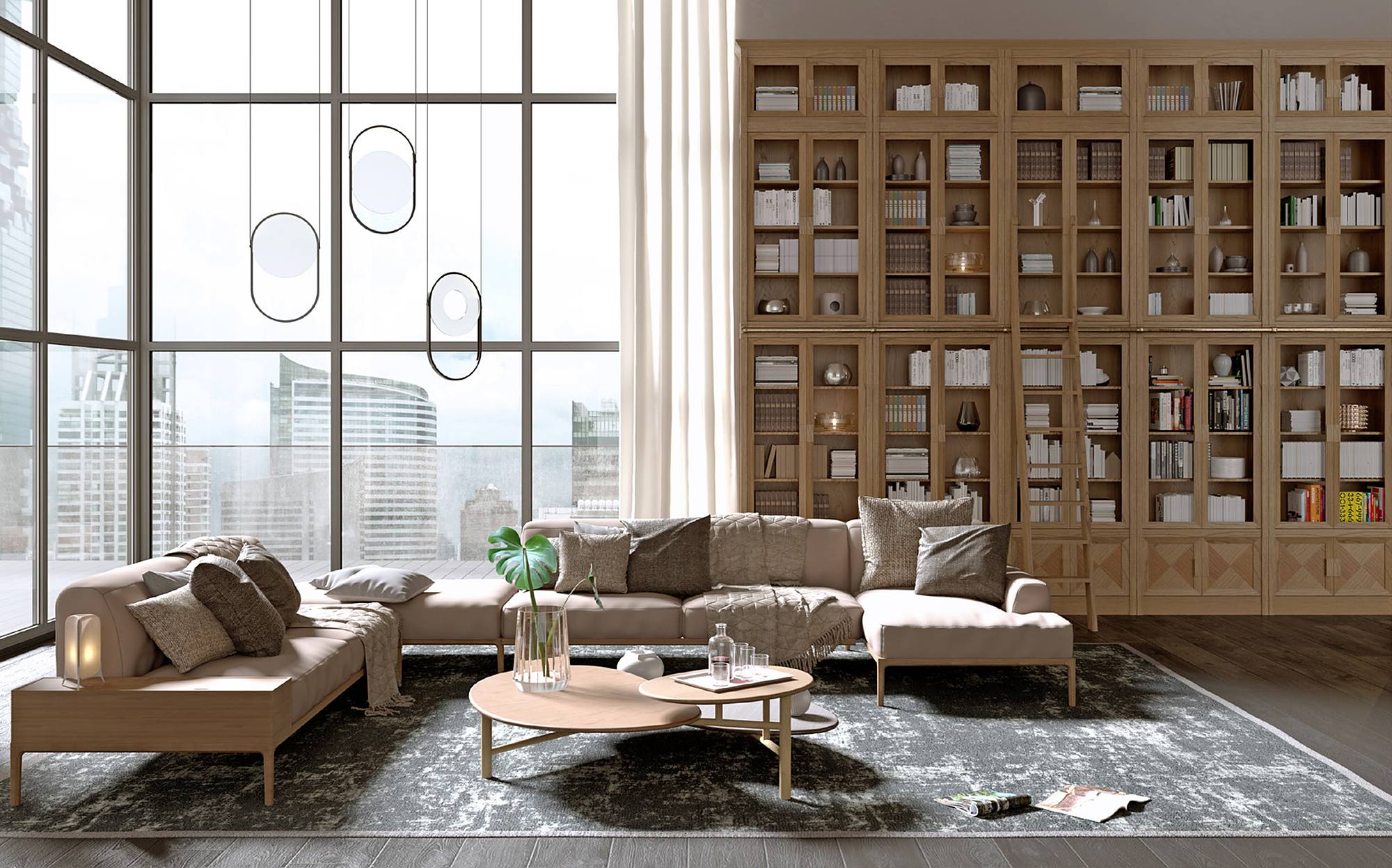 Morelato Bookcases and Spaces книжный шкаф President с диваном Bellagio в гостиной-лофте &ndash; итальянские книжные шкафы и мебель люкс