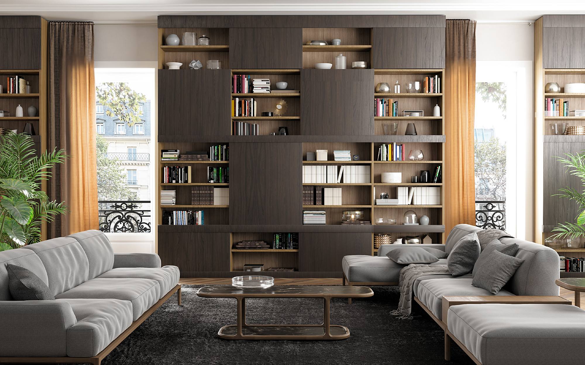 Morelato Bookcases and Spaces стеллаж Maschera с раздвижными дверями и диванами Bellagio &ndash; итальянские книжные шкафы и мебель люкс