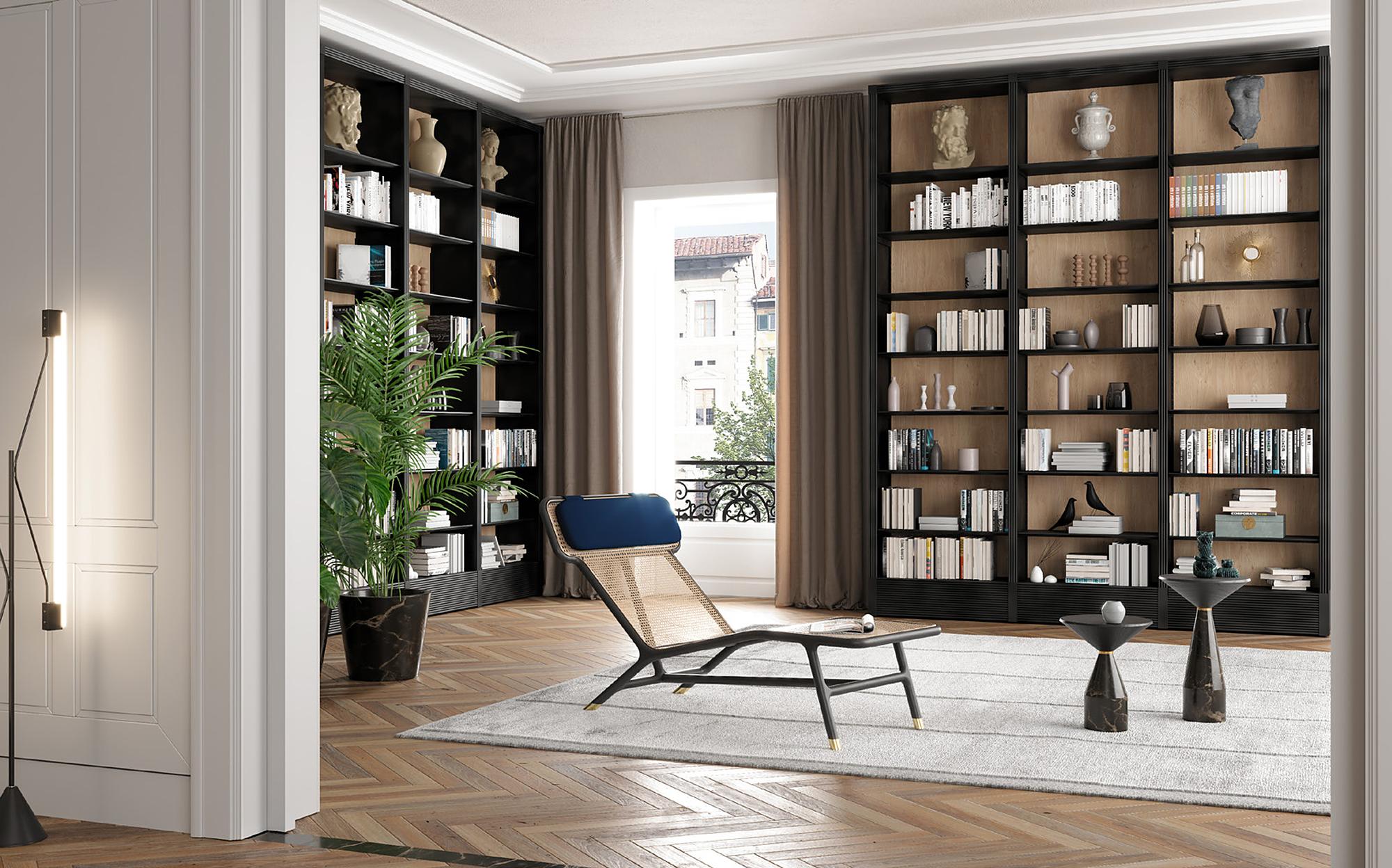Morelato Bookcases and Spaces книжный шкаф Biblioteca с шезлонгом Joyce &ndash; итальянские книжные шкафы и мебель люкс