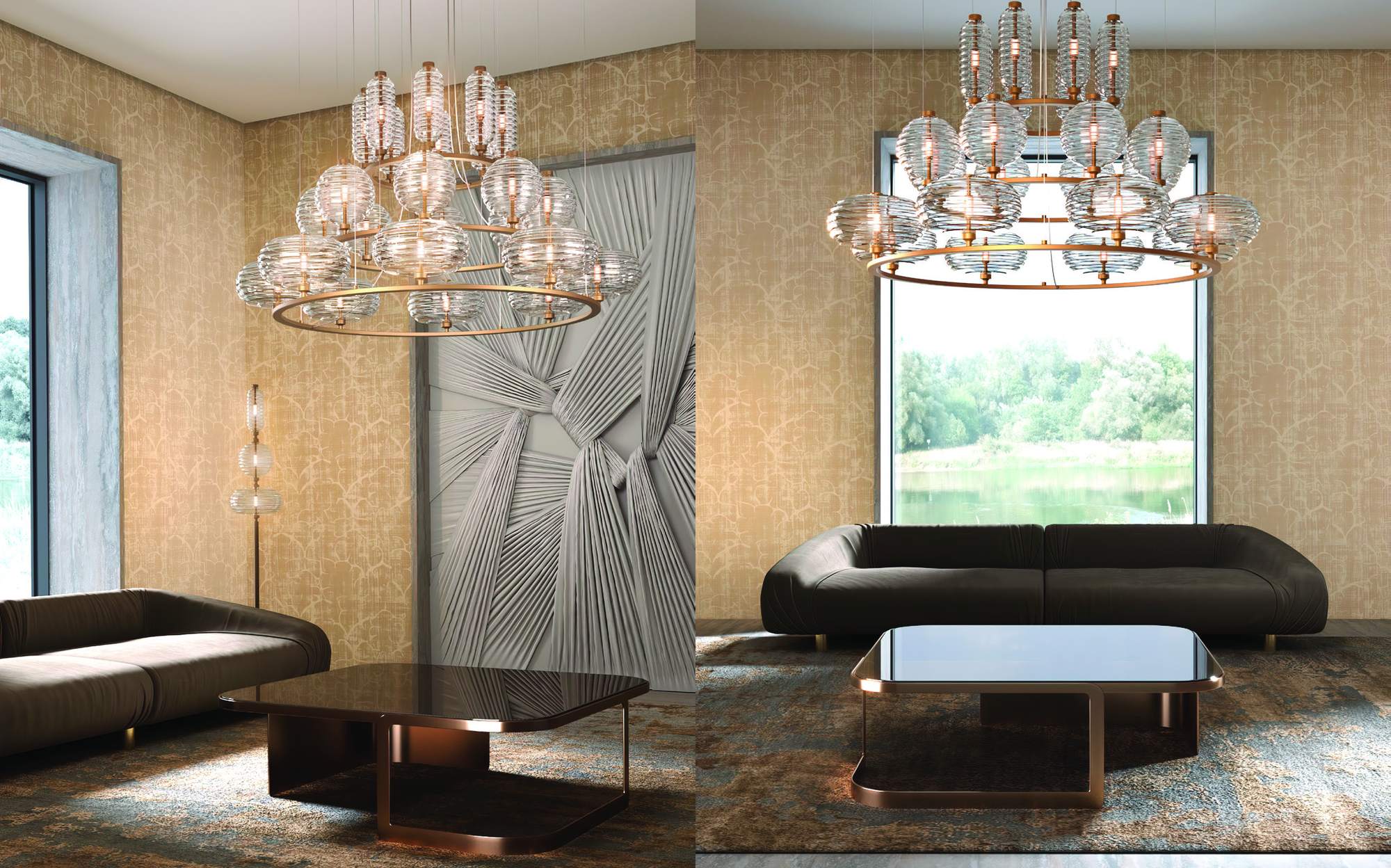 Patrizia Garganti Trinity multi-tier chandelier in living room with sofa Patrizia Garganti Trinity multi-tier chandelier in living room with sofa – Italian luxury decorative lighting