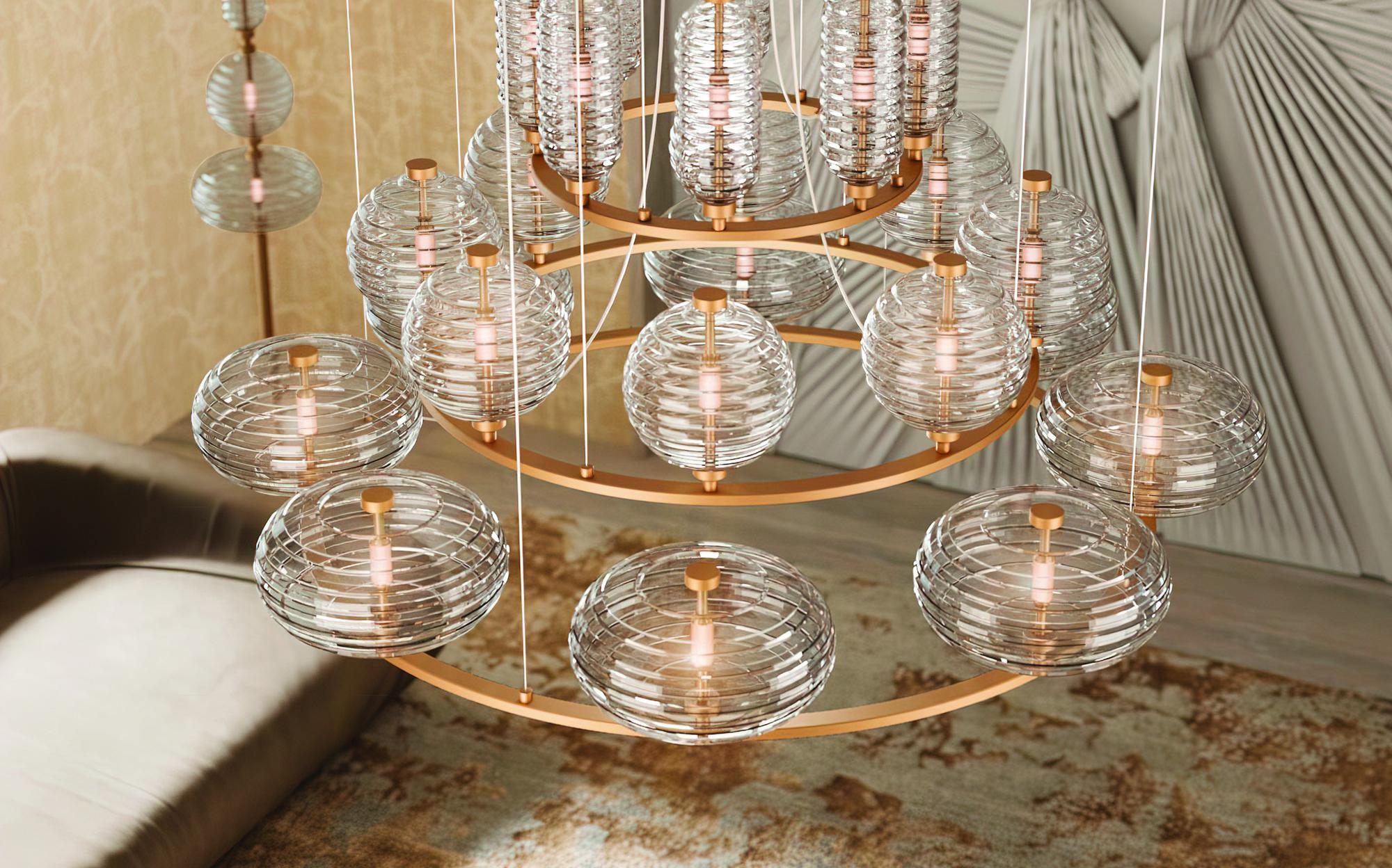 Patrizia Garganti Trinity multi-tier chandelier with ribbed glass spheres Patrizia Garganti Trinity multi-tier chandelier with ribbed glass spheres – Italian luxury decorative lighting