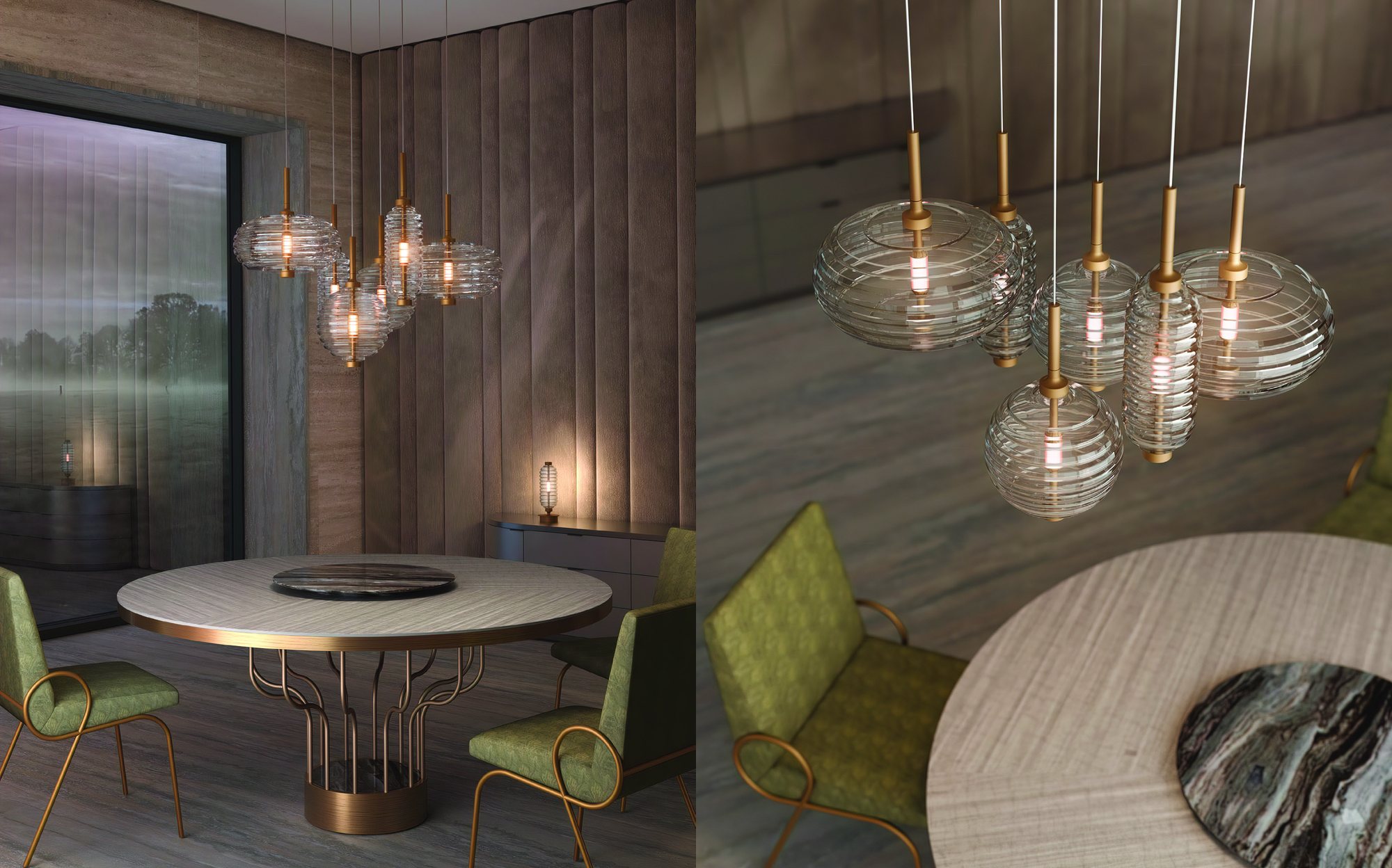 Patrizia Garganti Trinity pendant compositions over round dining table Patrizia Garganti Trinity pendant compositions over round dining table – Italian luxury decorative lighting