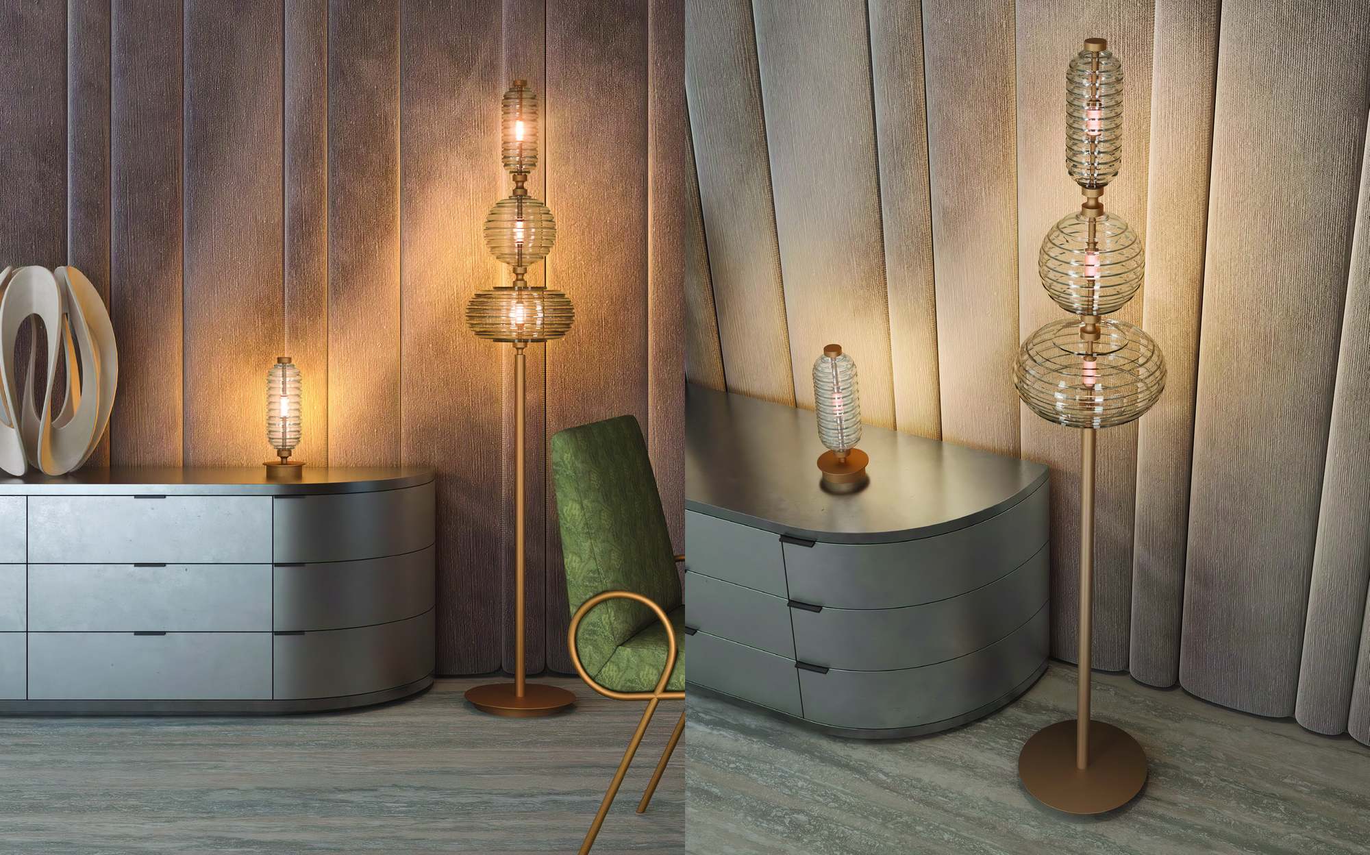 Patrizia Garganti Trinity floor lamp and table lamp in bedroom Patrizia Garganti Trinity floor lamp and table lamp in bedroom – Italian luxury decorative lighting
