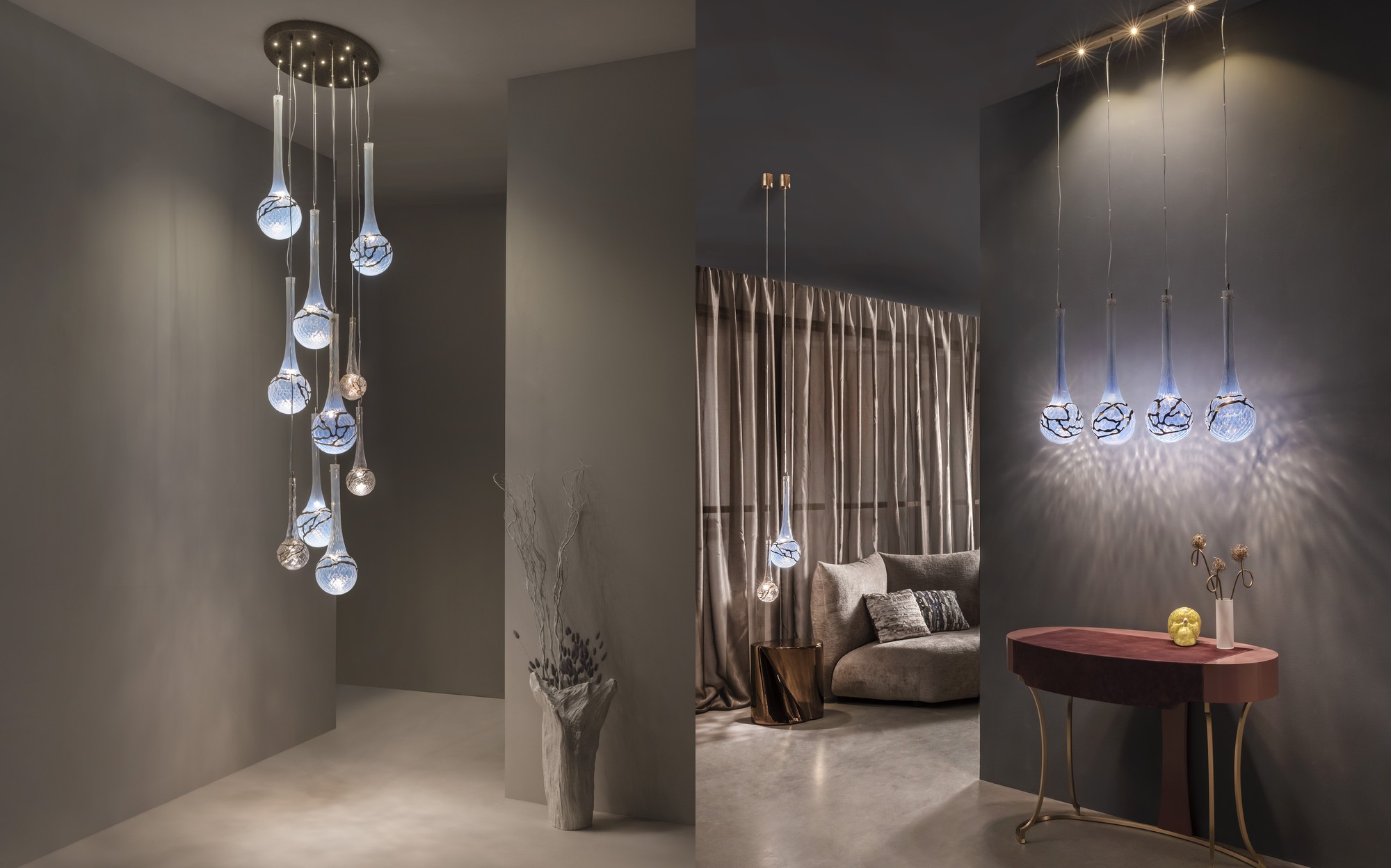 Patrizia Volpato Light to Uniqueness Gocce di Luna pendant compositions in hallway and living room &ndash; Italian luxury glass lighting