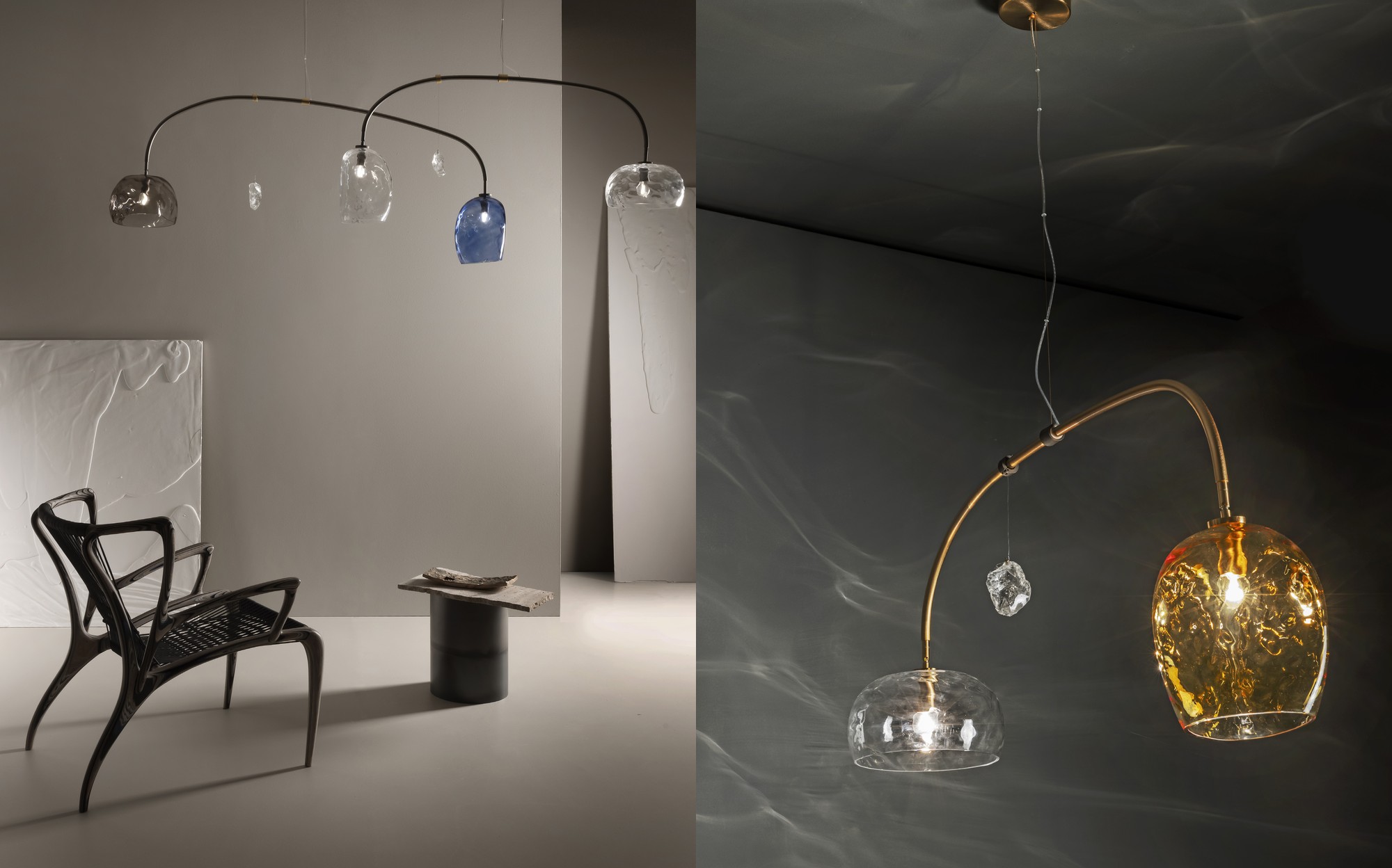 Patrizia Volpato Light to Uniqueness Equilibrio pendant lamps with armchair &ndash; Italian luxury glass lighting
