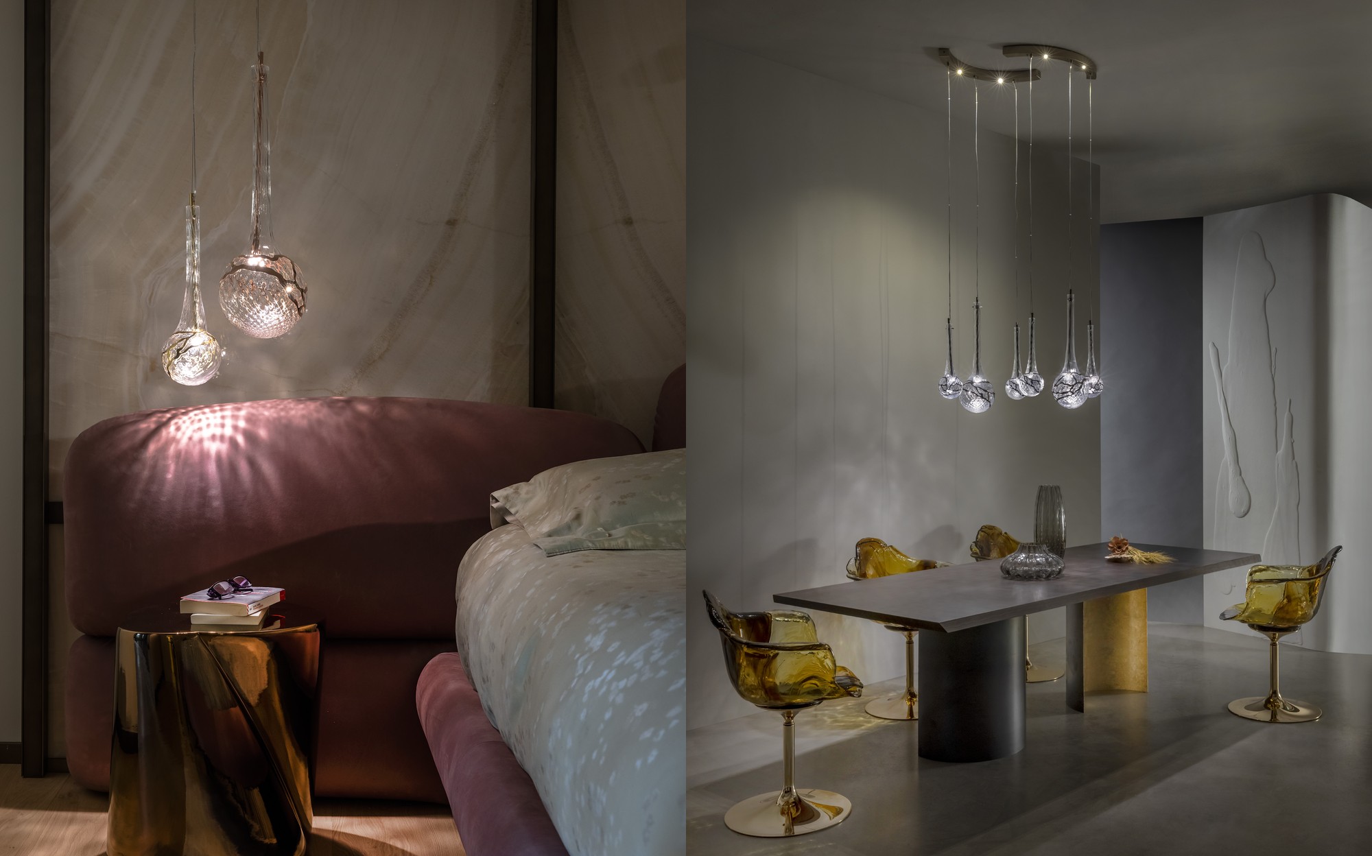 Patrizia Volpato Light to Uniqueness Gocce di Luna pendants in bedroom and dining room &ndash; Italian luxury glass lighting
