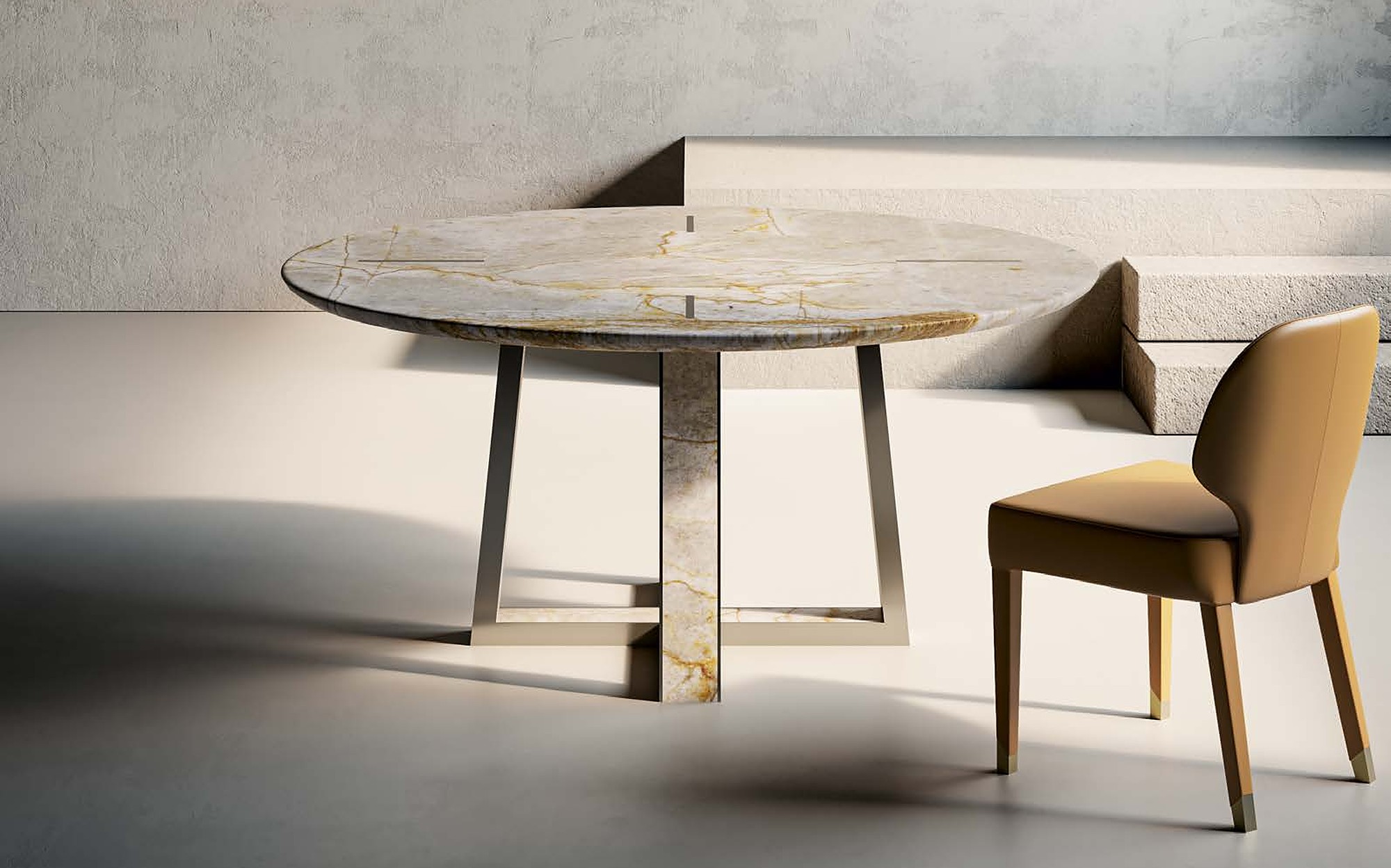 Profilo9 Collection 2026 Calla round dining table with leather chair Profilo9 Collection 2026 Calla round dining table with leather chair – Italian luxury furniture in marble and metal