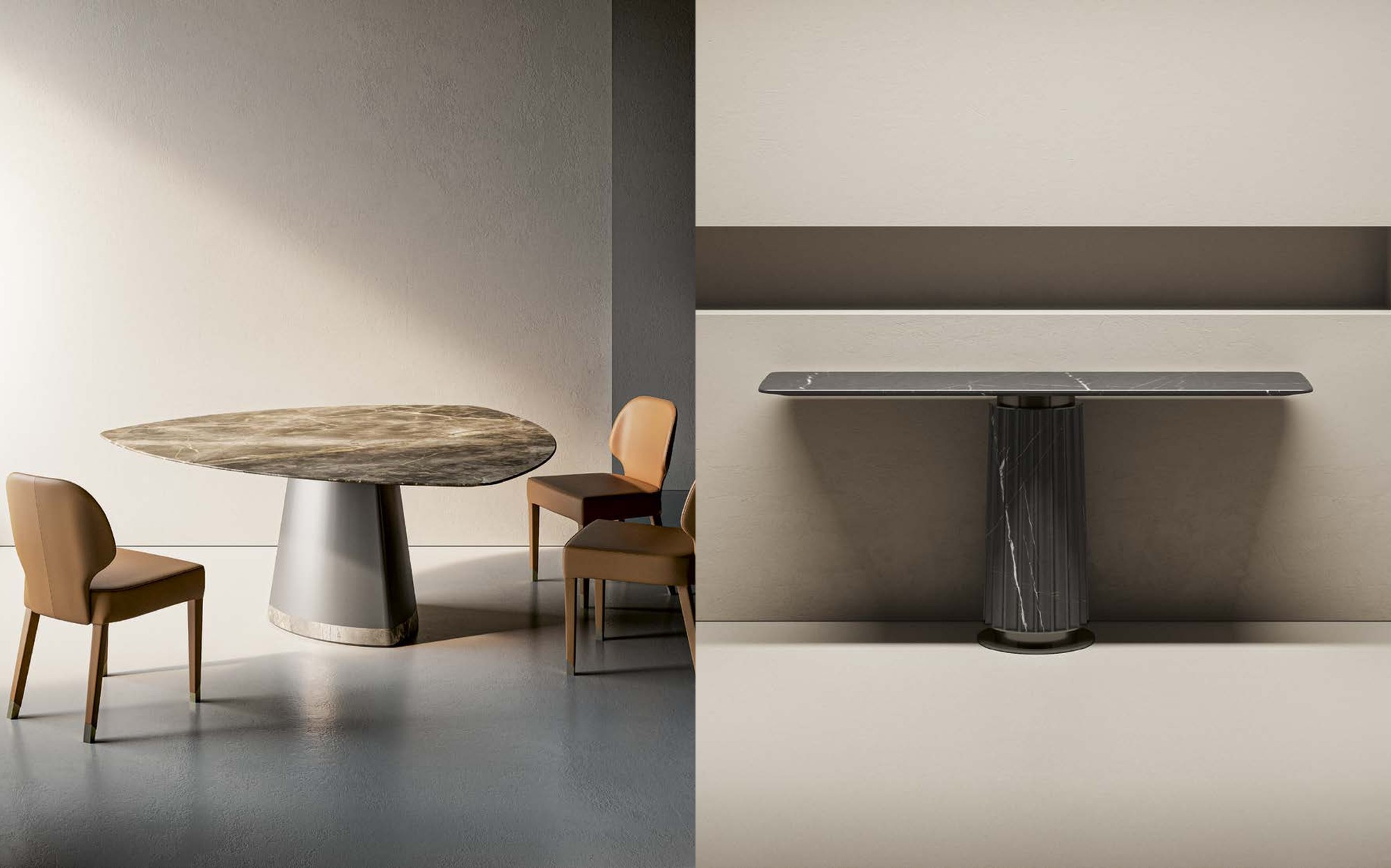 Profilo9 Collection 2026 Fresia dining table with chairs and marble console Profilo9 Collection 2026 Fresia dining table with chairs and marble console – Italian luxury furniture in marble and metal
