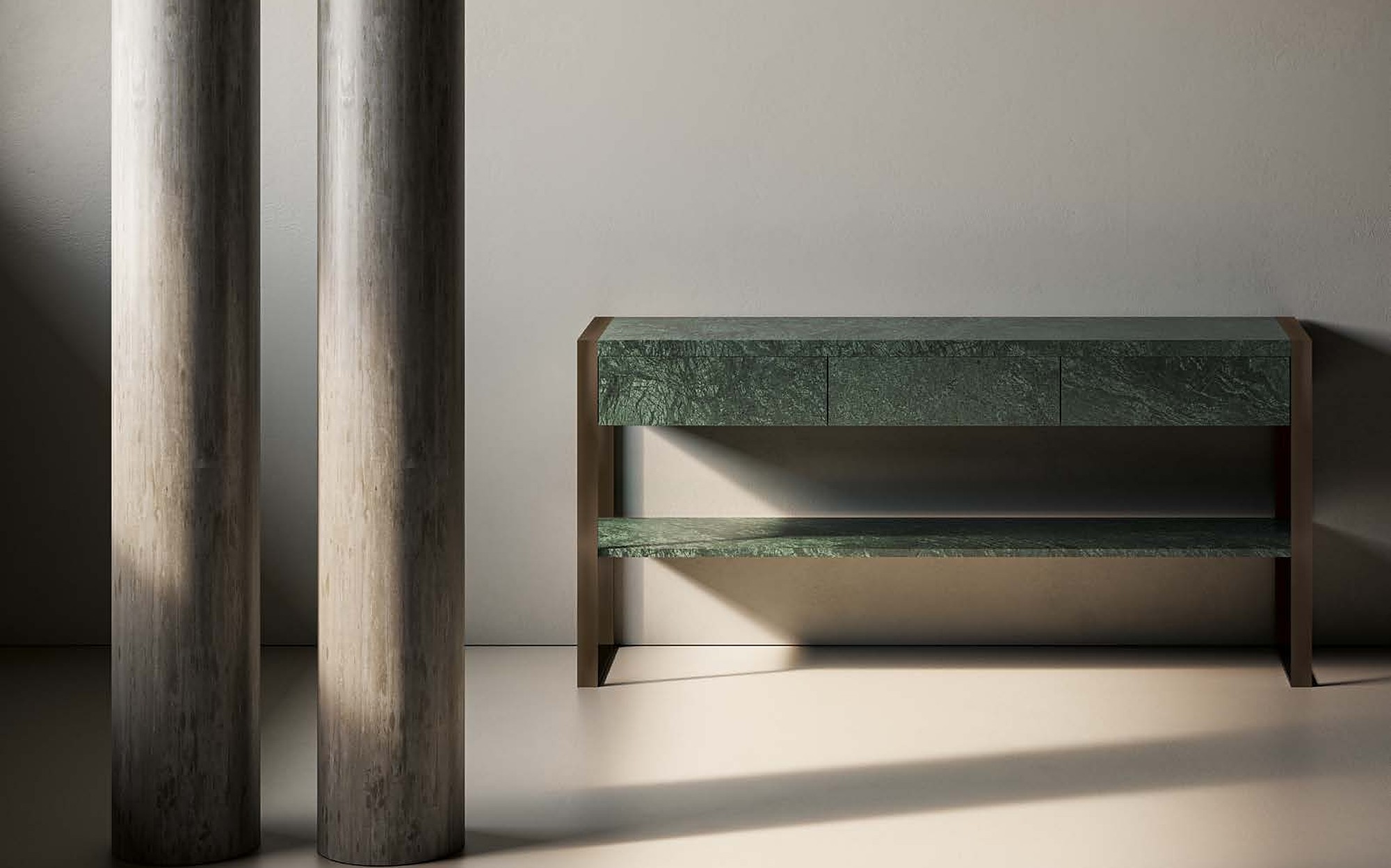 Profilo9 Collection 2026 green marble console with metal frame Profilo9 Collection 2026 green marble console with metal frame – Italian luxury furniture in marble and metal