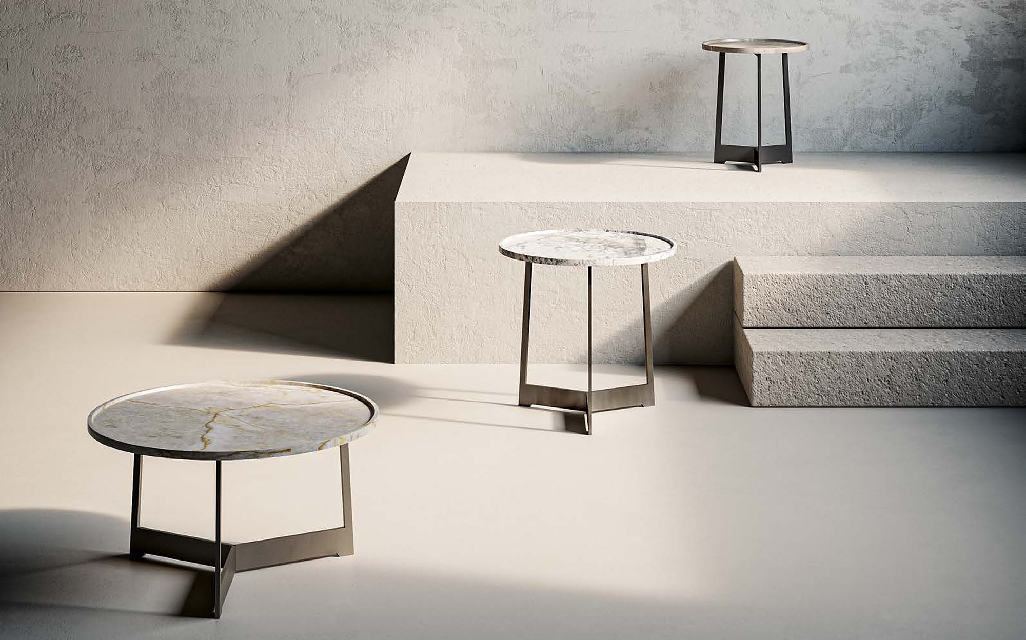 Profilo9 Collection 2026 round marble side tables with metal base Profilo9 Collection 2026 round marble side tables with metal base – Italian luxury furniture in marble and metal