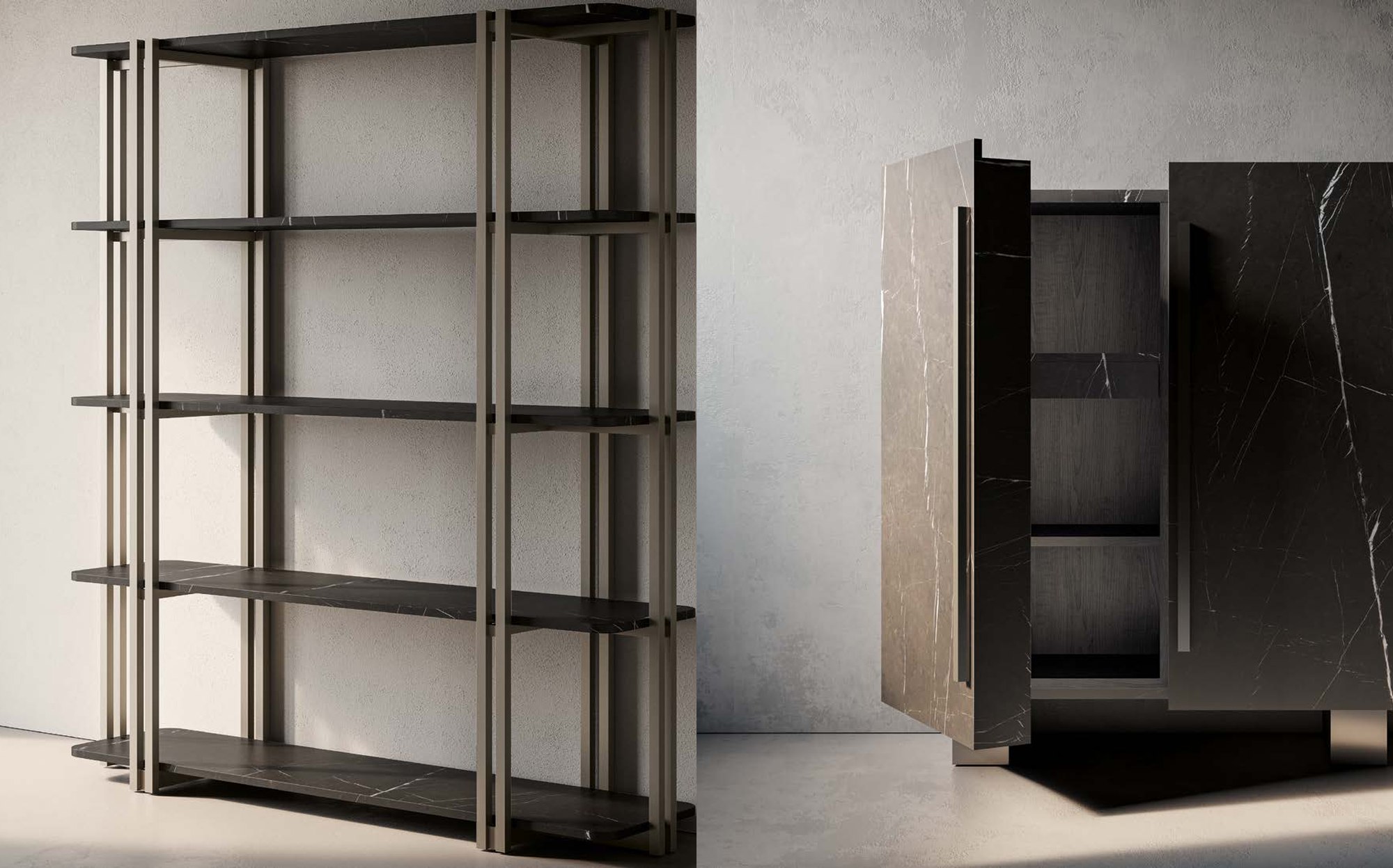 Profilo9 Collection 2026 Tulip metal bookcase and Bluebell marble cabinet Profilo9 Collection 2026 Tulip metal bookcase and Bluebell marble cabinet – Italian luxury furniture in marble and metal