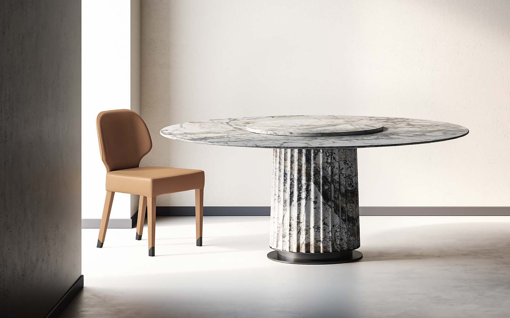 Profilo9 Collection 2026 round fluted marble dining table with leather chair Profilo9 Collection 2026 round fluted marble dining table with leather chair – Italian luxury furniture in marble and metal
