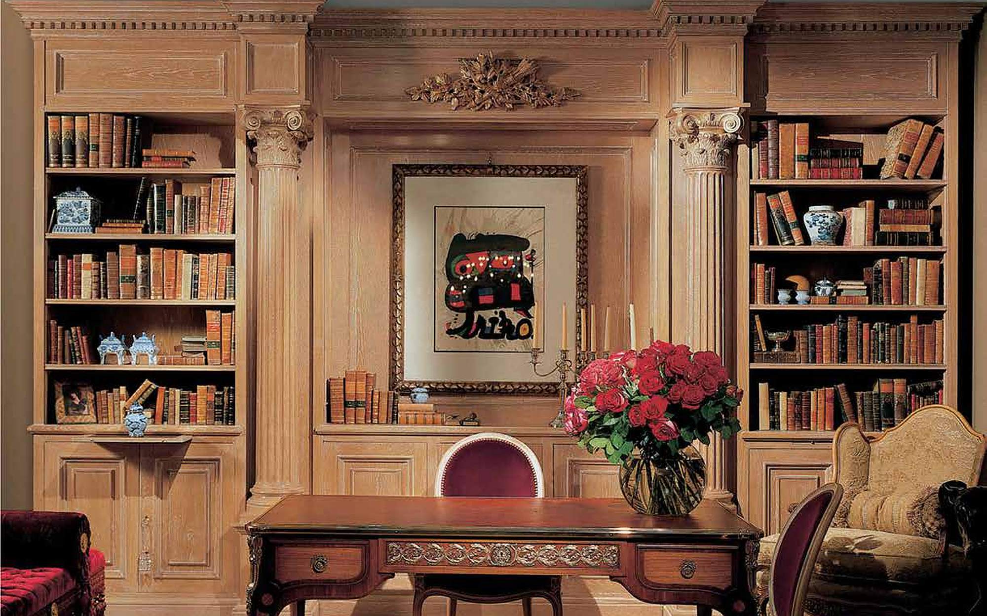 Provasi Heritage library with carved wooden bookcases and writing desk Provasi Heritage library with carved wooden bookcases and writing desk – classic Italian luxury furniture