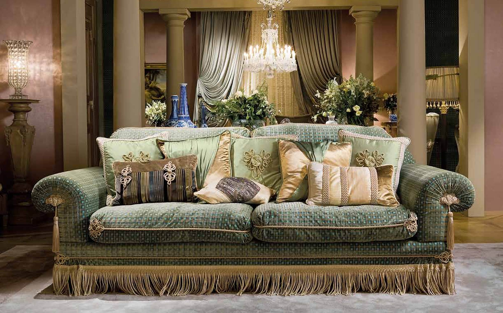 Provasi Heritage green velvet sofa with fringes Provasi Heritage green velvet sofa with fringes – classic Italian luxury furniture