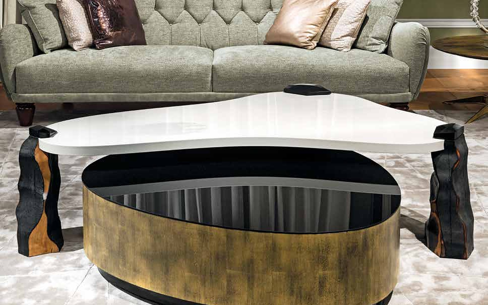 Provasi More tufted sofa with gold coffee table Provasi More tufted sofa with gold coffee table – contemporary Italian luxury furniture