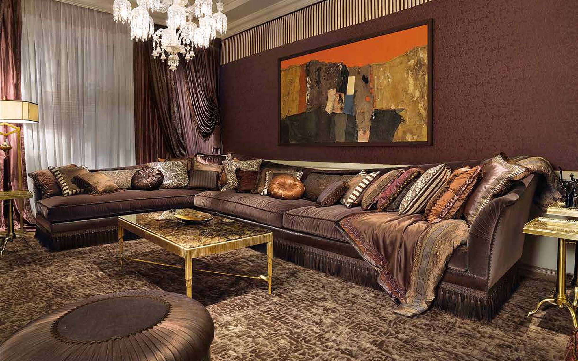 Provasi Signature brown corner sofa with gold leaf coffee table Provasi Signature brown corner sofa with gold leaf coffee table – Italian luxury furniture
